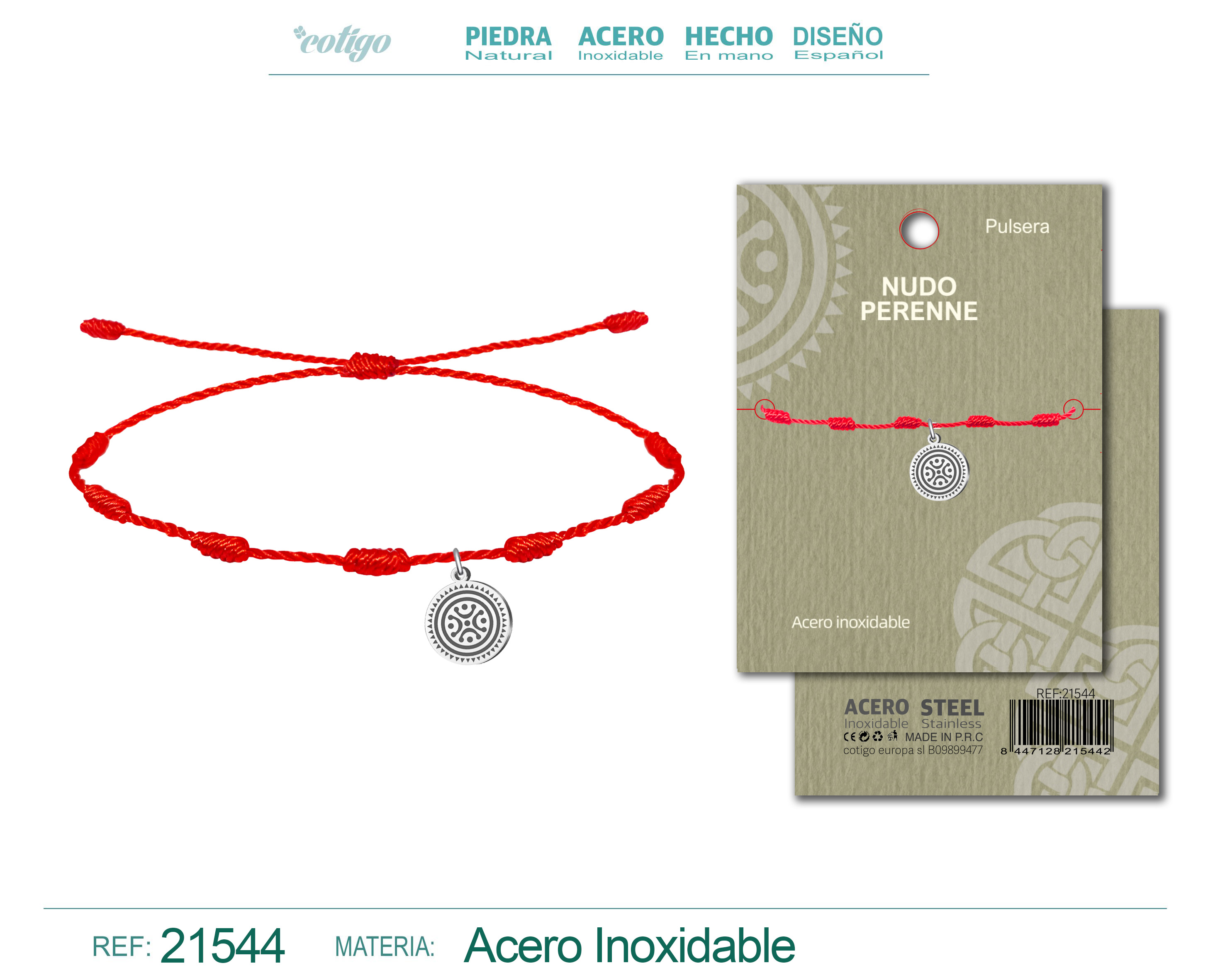 Pulsera 7 Nudos con colgante Nudo perenne Acero Plateado