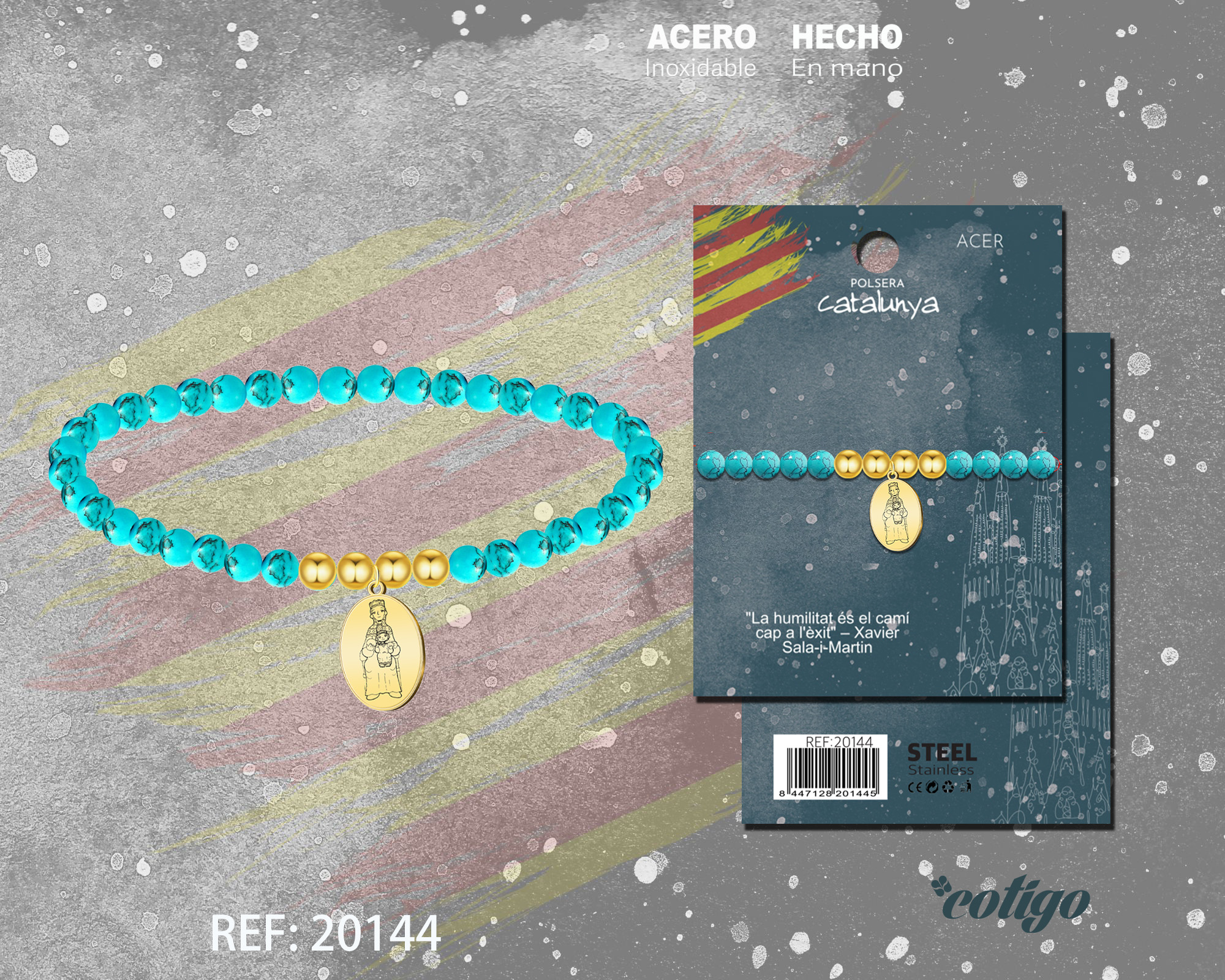 Pulsera Turquesa elastico con Virgen de montserrat Acero Dorado
