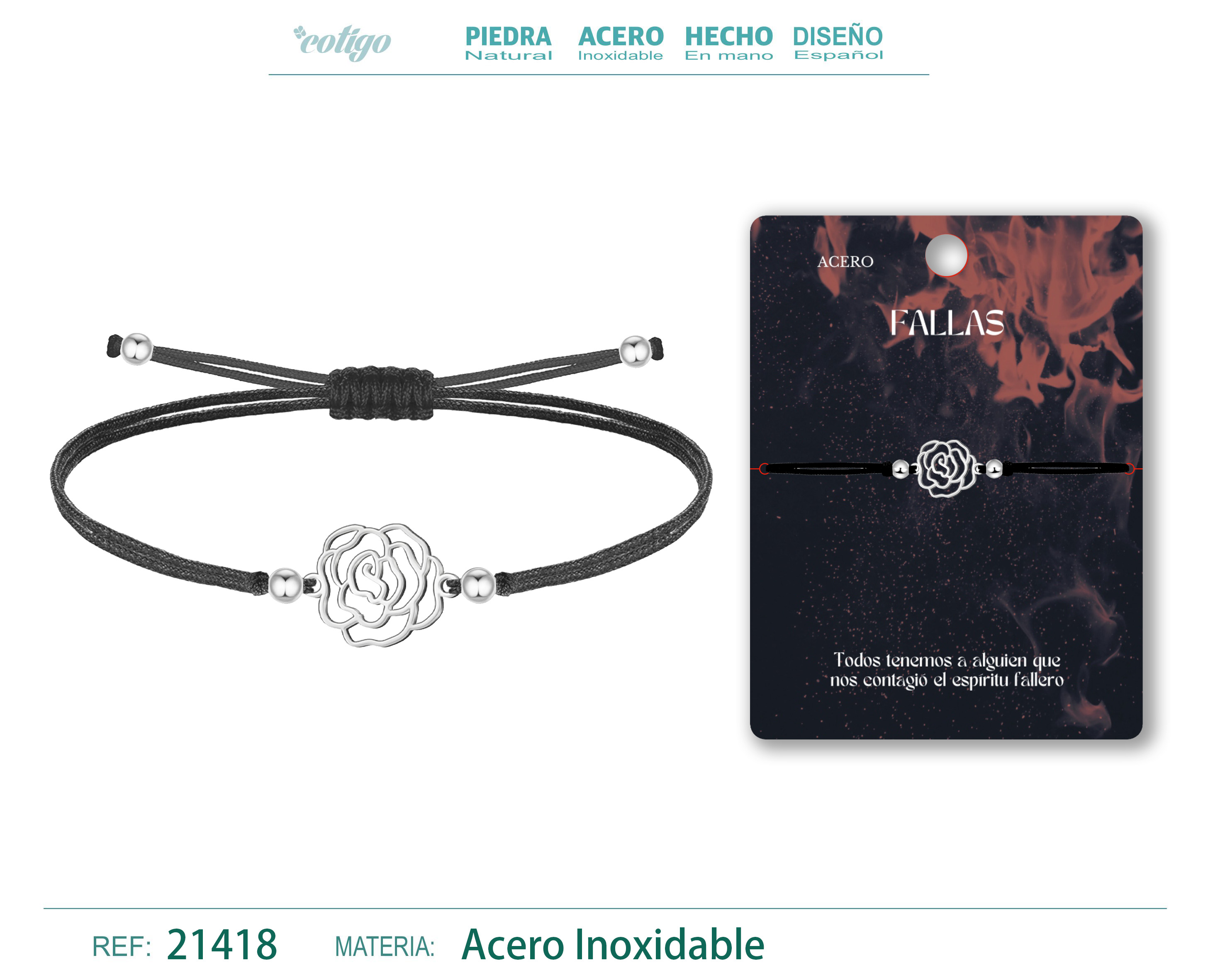 Pulsera Hilo encerado con flor de clavel Acero Plateado