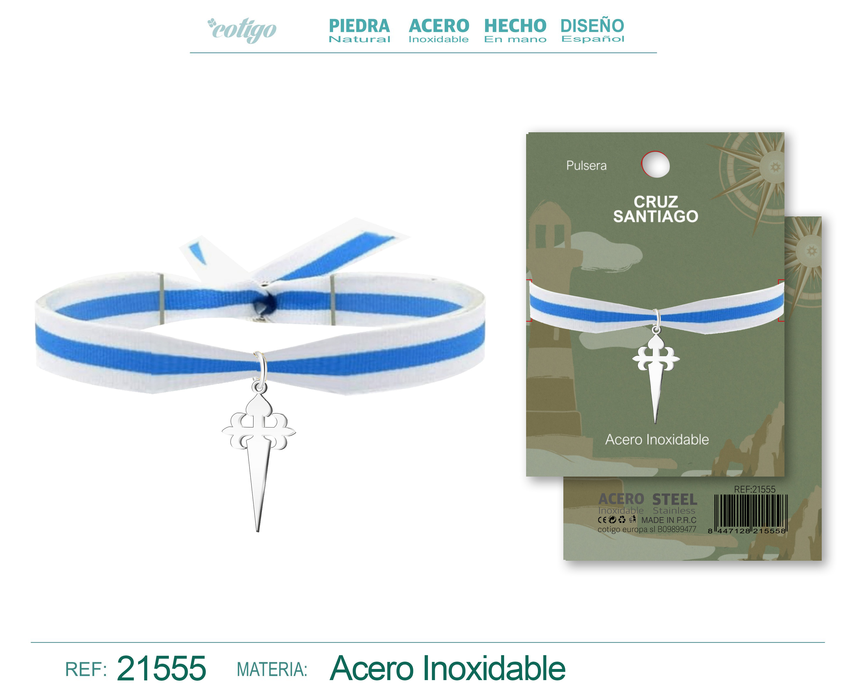 Pulsera Bandera Galicia con colgante Cruz santiago Acero Plateado