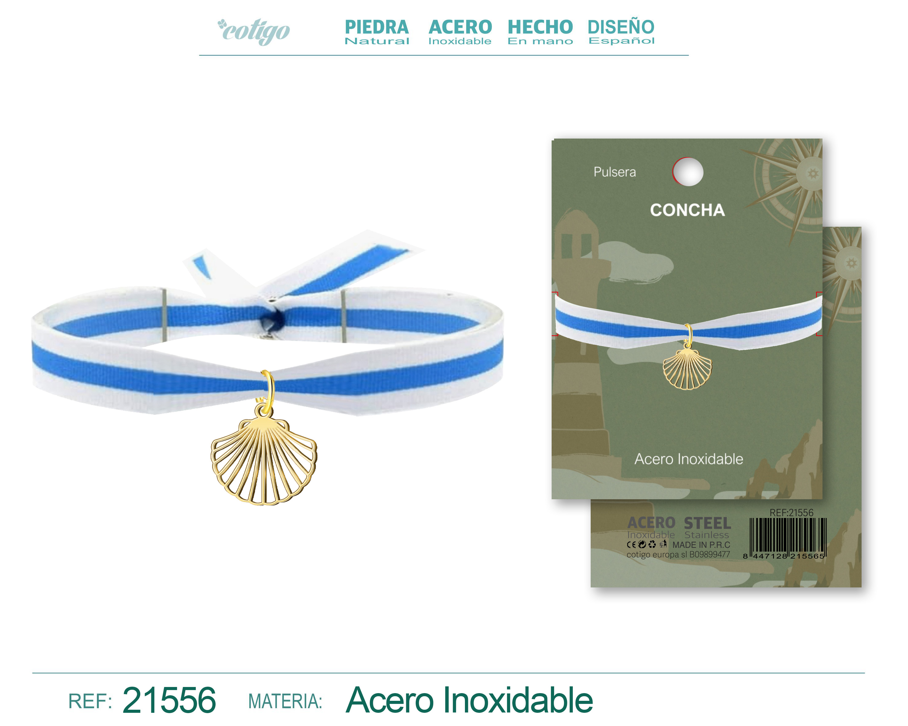 Pulsera Bandera Galicia con colgante Concha Acero Dorado