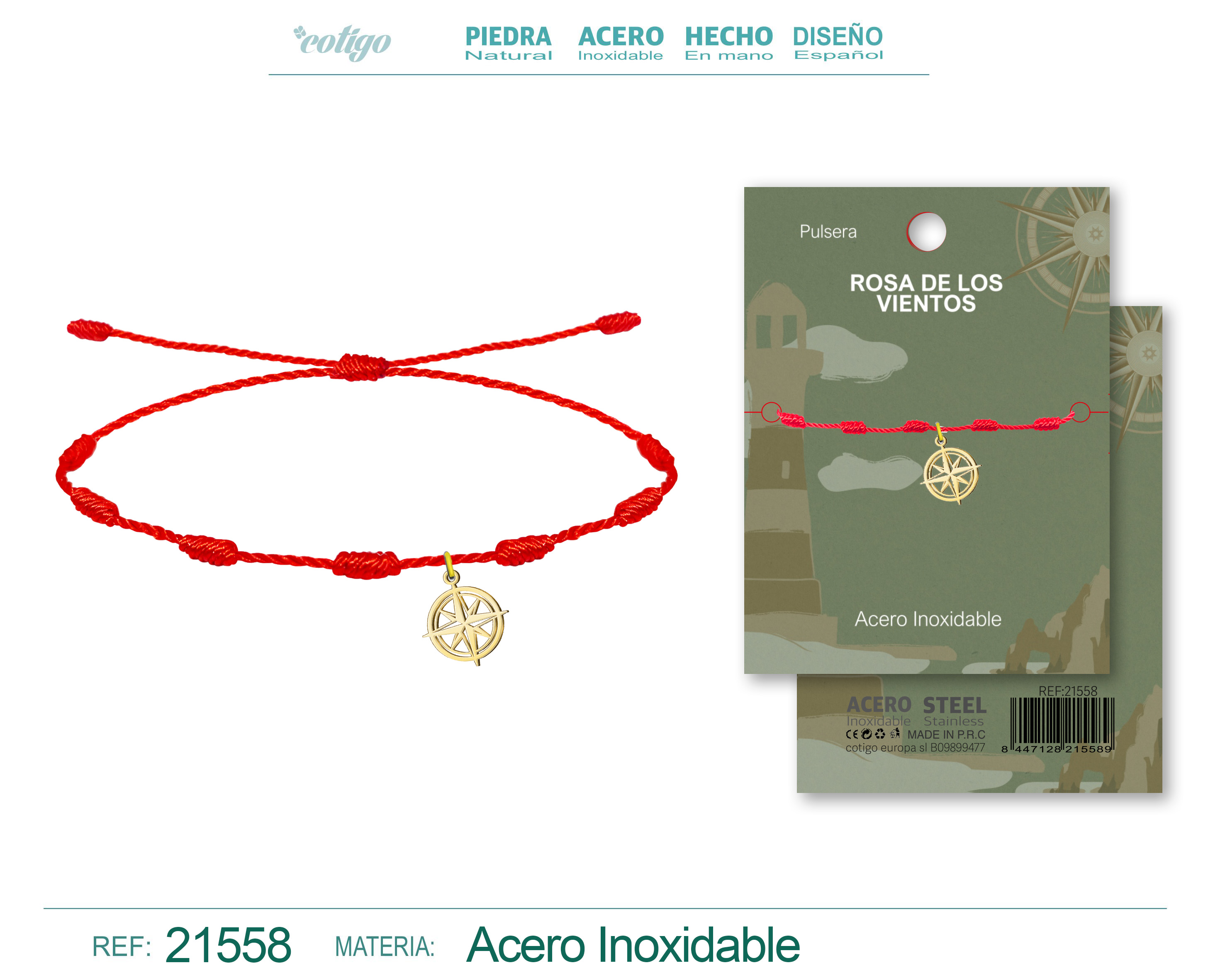 Pulsera 7 nudos con Colgante Rosa de los Vientos Acero Dorado