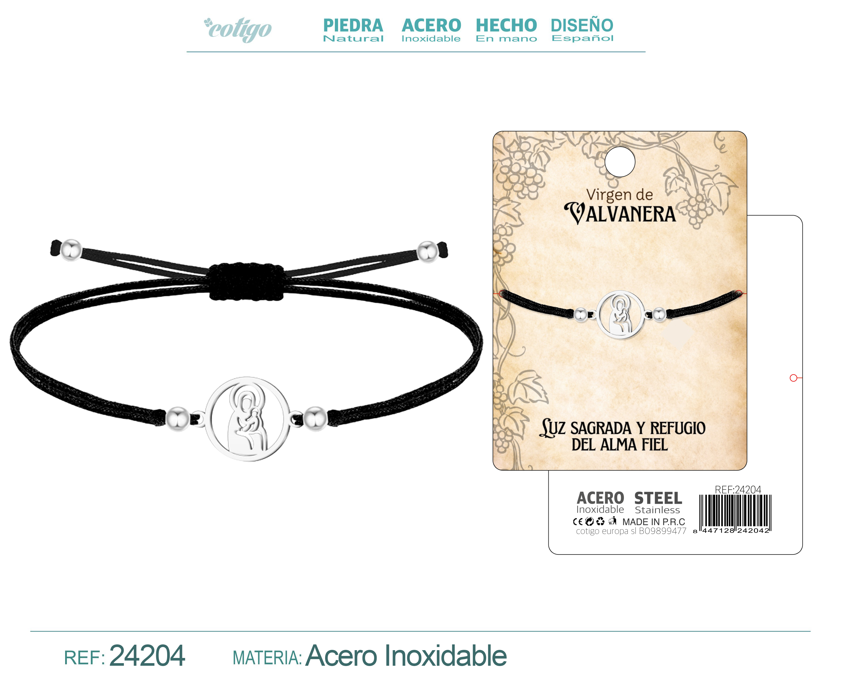 Pulsera Hilo Encerado con Virgen de Valvanera Acero Plateado