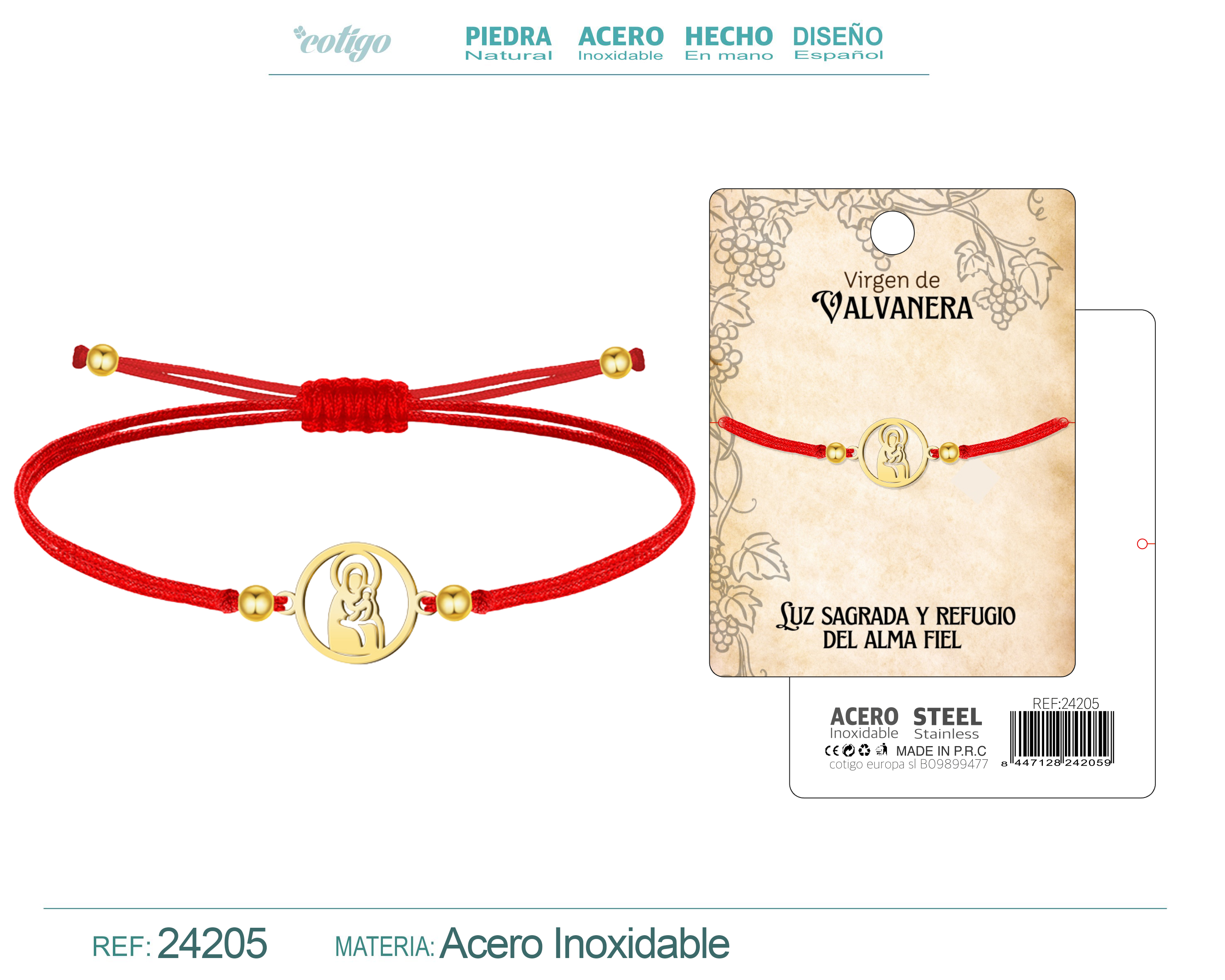 Pulsera Hilo Encerado con Virgen de Valvanera Acero Dorado