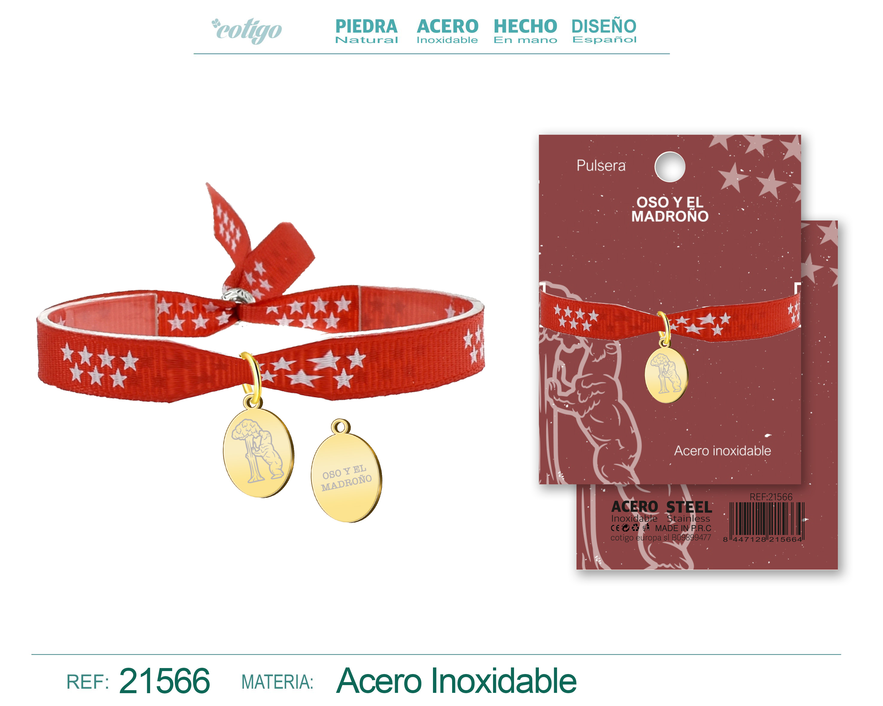Pulsera Bandera de Madrid con colgante Oso y el madroño Acero Dorado