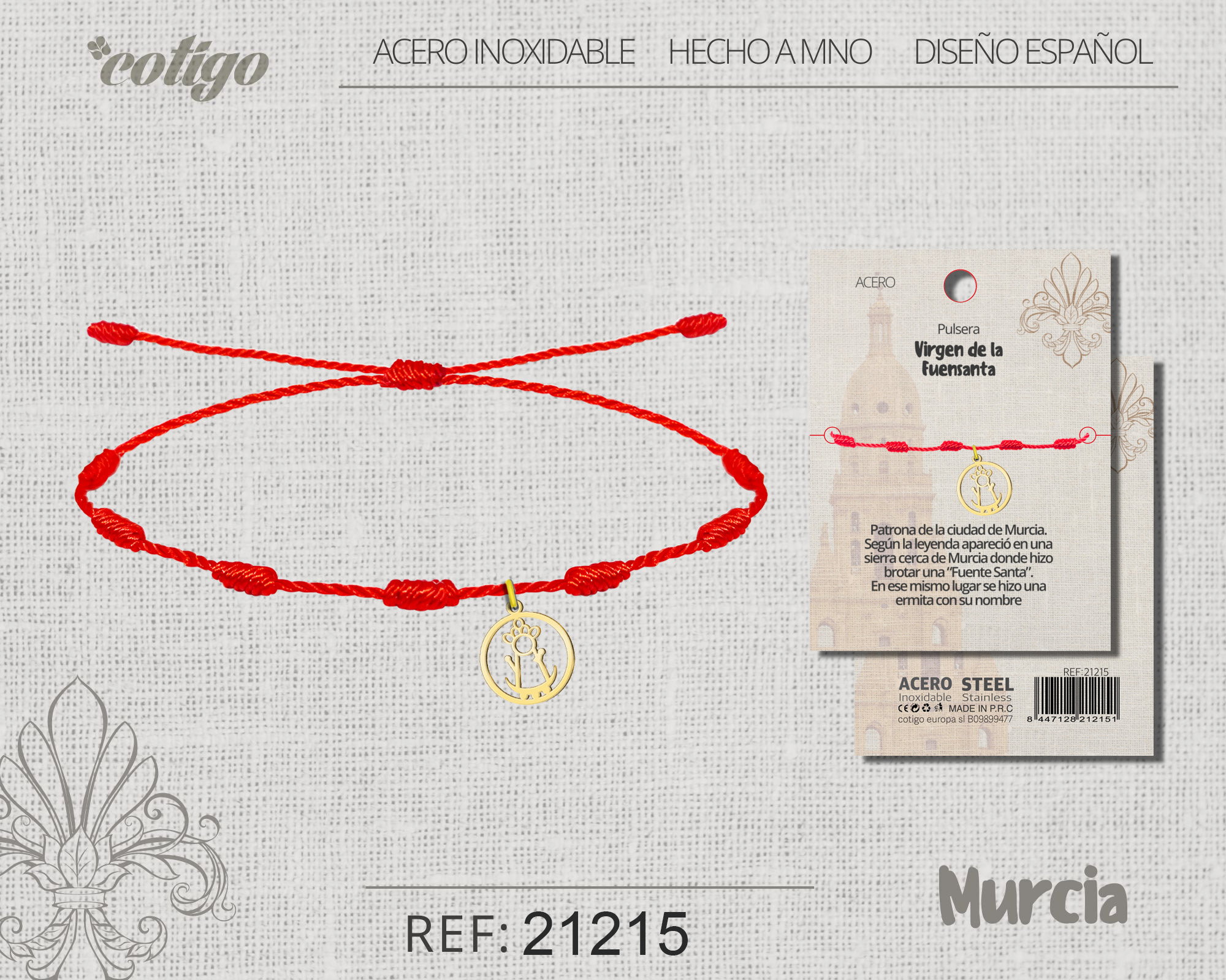 Pulsera 7 nudos con Virgen de la Fuensanta Acero Dorado