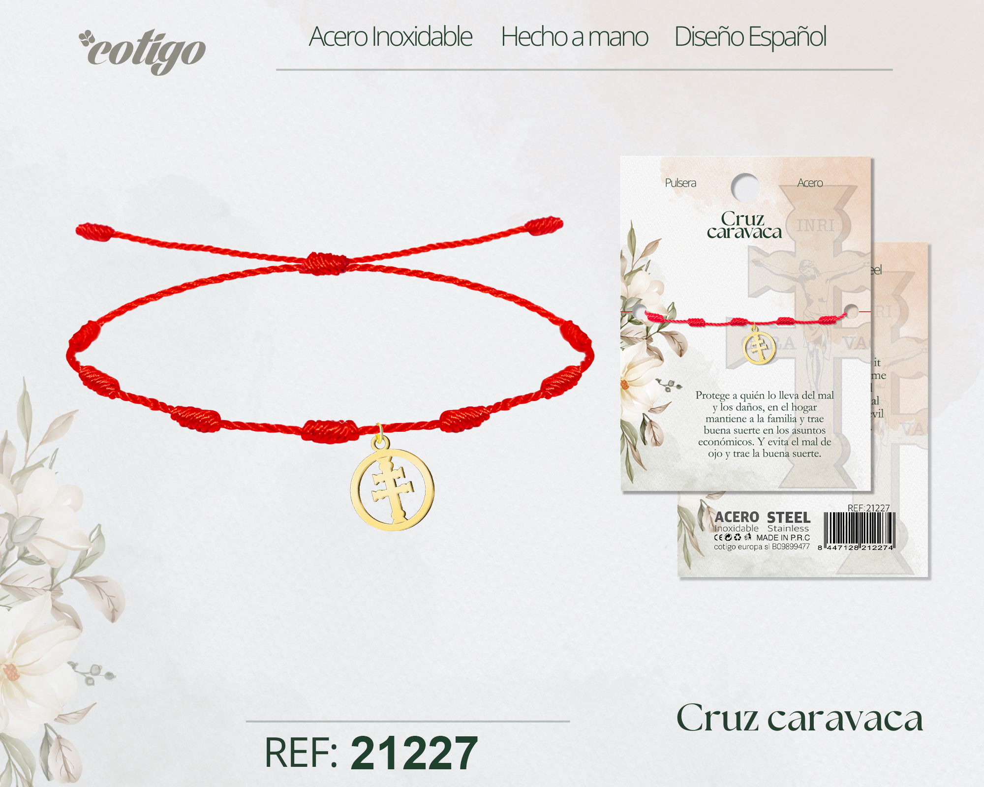 Pulsera 7 nudos con Cruz Caravaca Acero Dorado