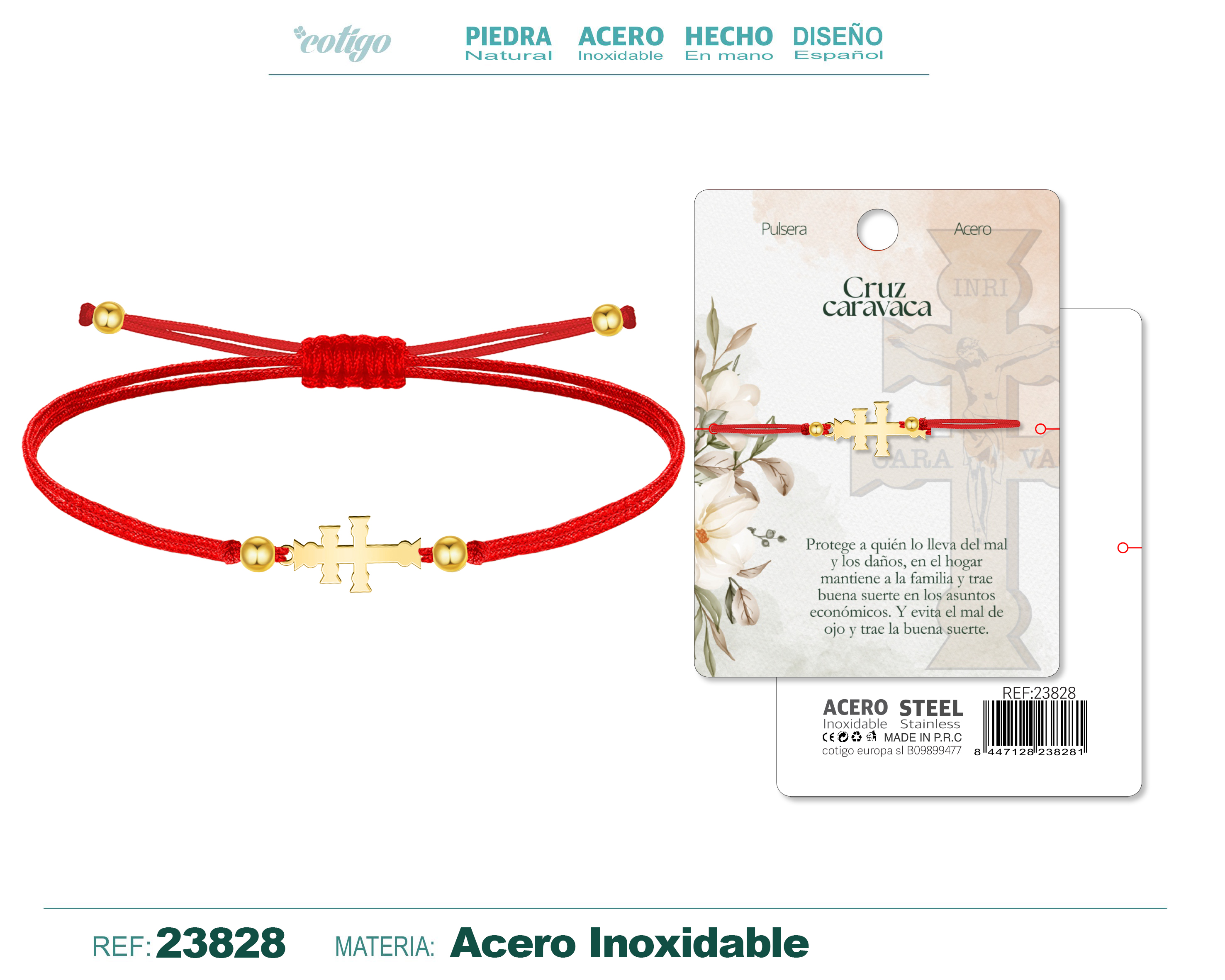 Pulsera Hilo encerado con Cruz Caravaca Acero Color Dorado