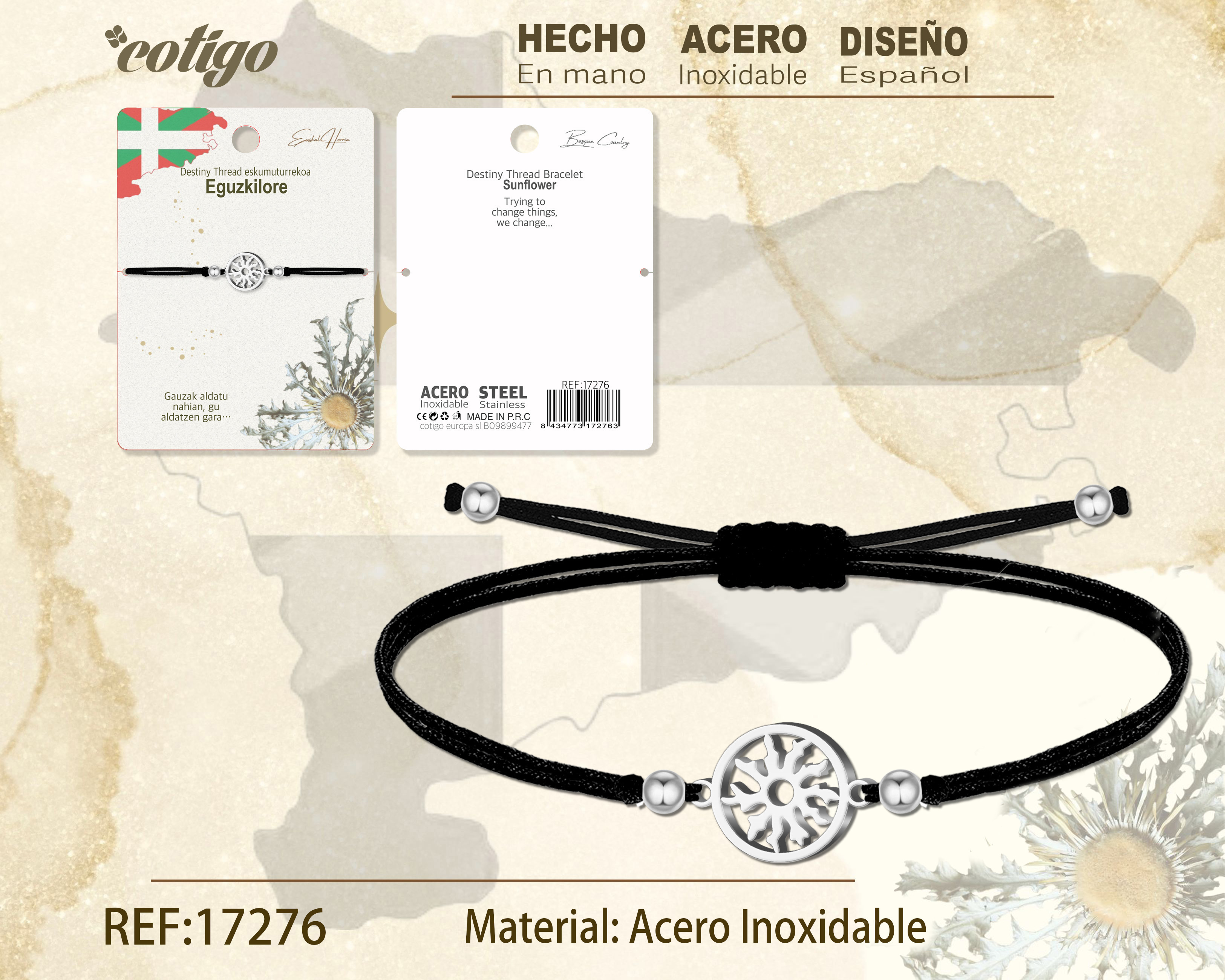 PULSERA HILO ENCERADO -EGUZKILORE-PLATEADO
