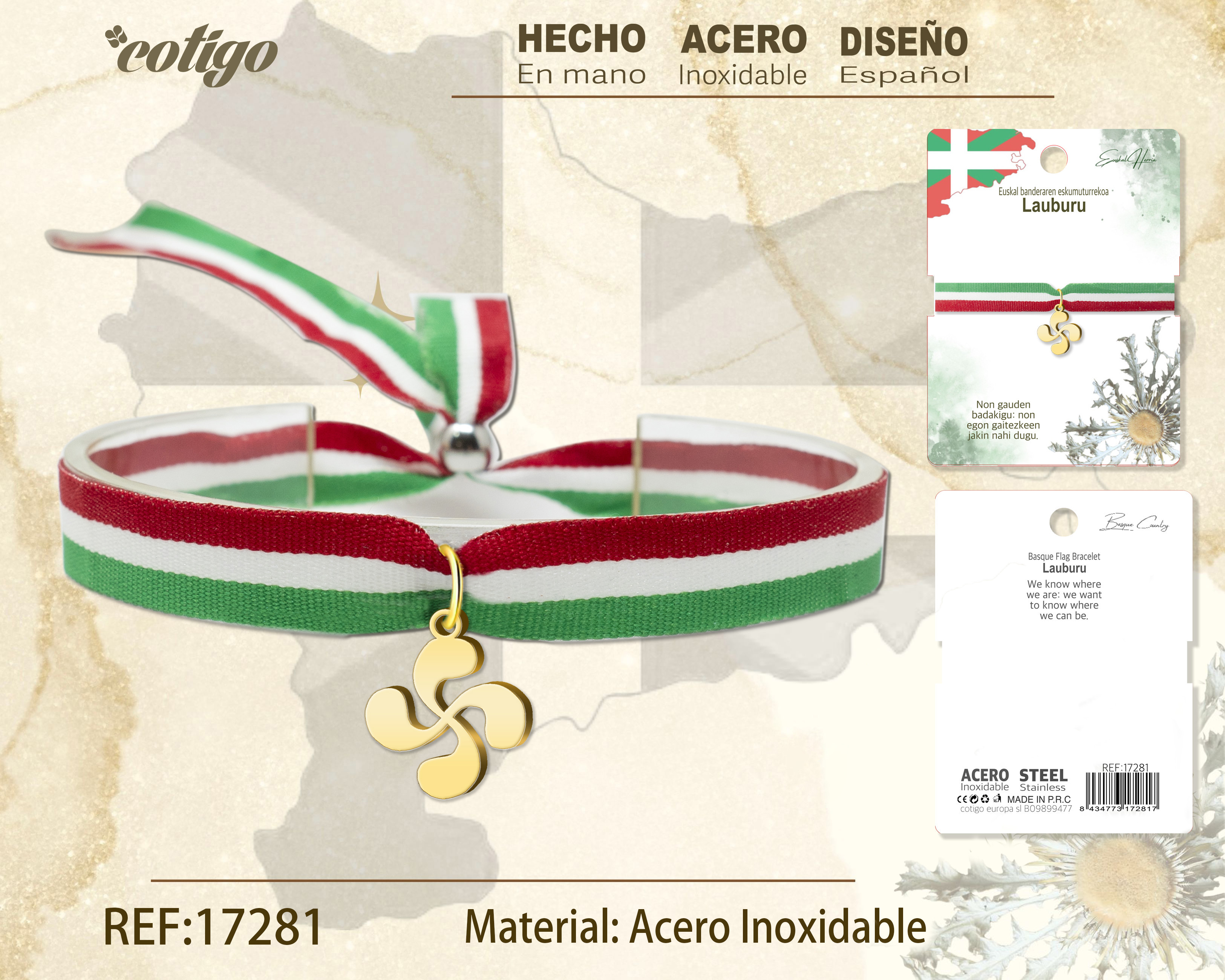 PULSERA BANDERA EUSKAL -LAUBURU-DORADO