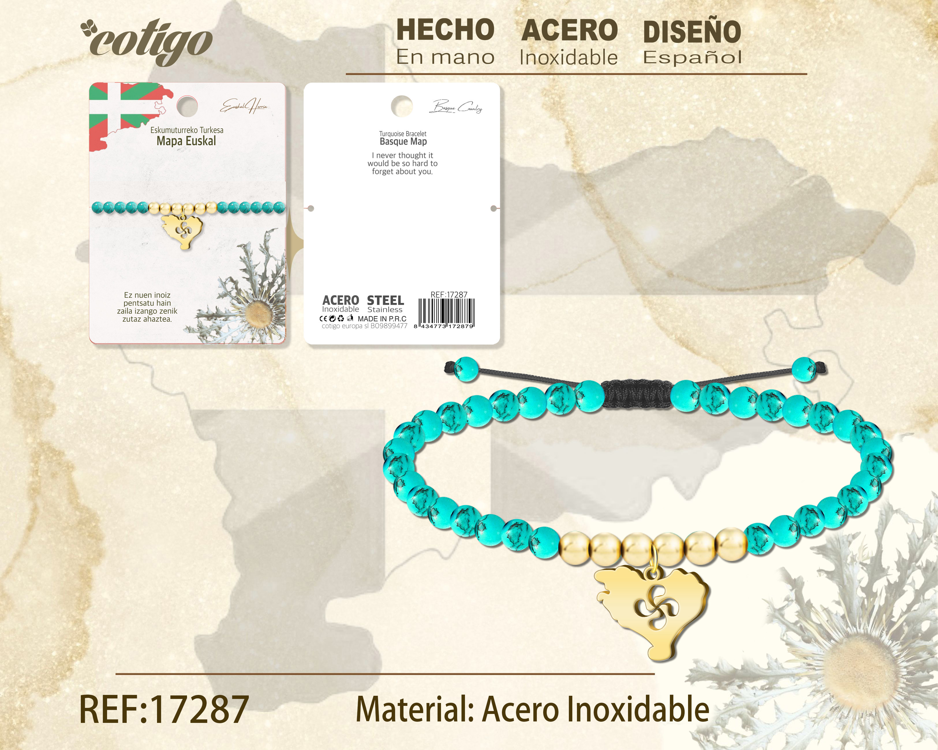 PULSERA TUQUESA -MAPA EUSKAL-DORADO