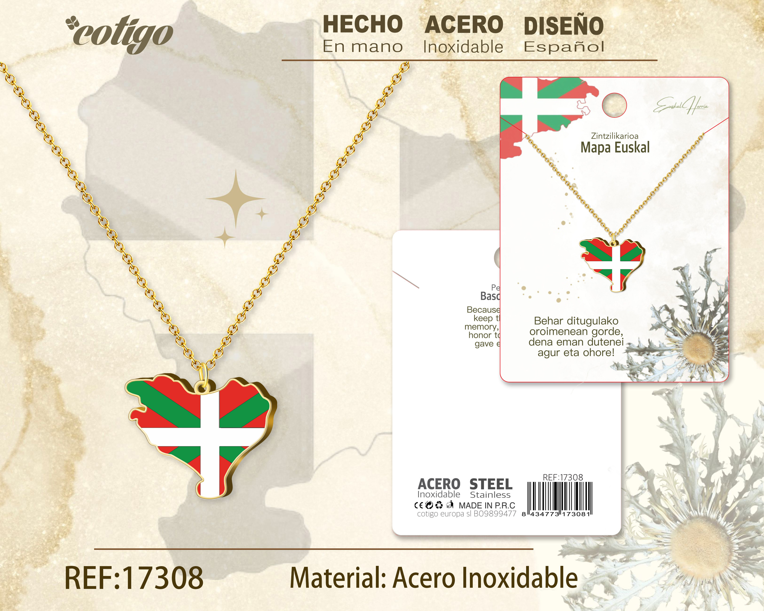 COLLAR MAPA EUSKAL-ACERO COLOR DORADO