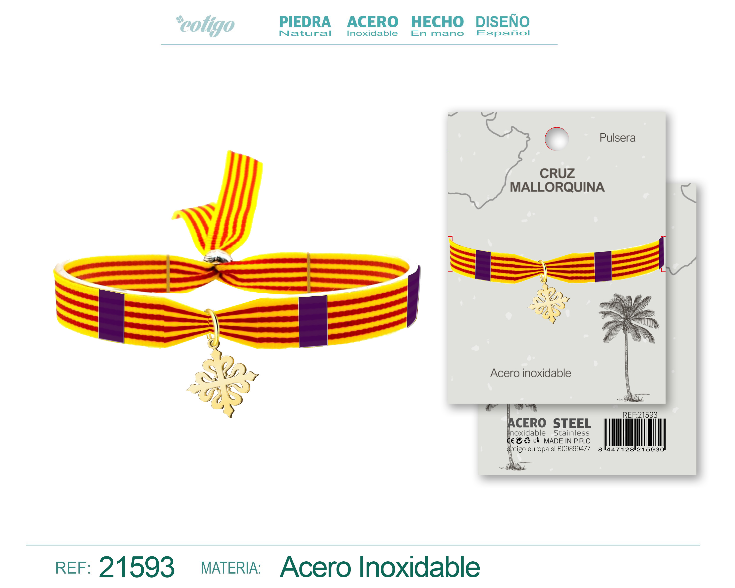 Pulsera Bandera Mallorca con colgante Cruz mallorquina Acero Dorado