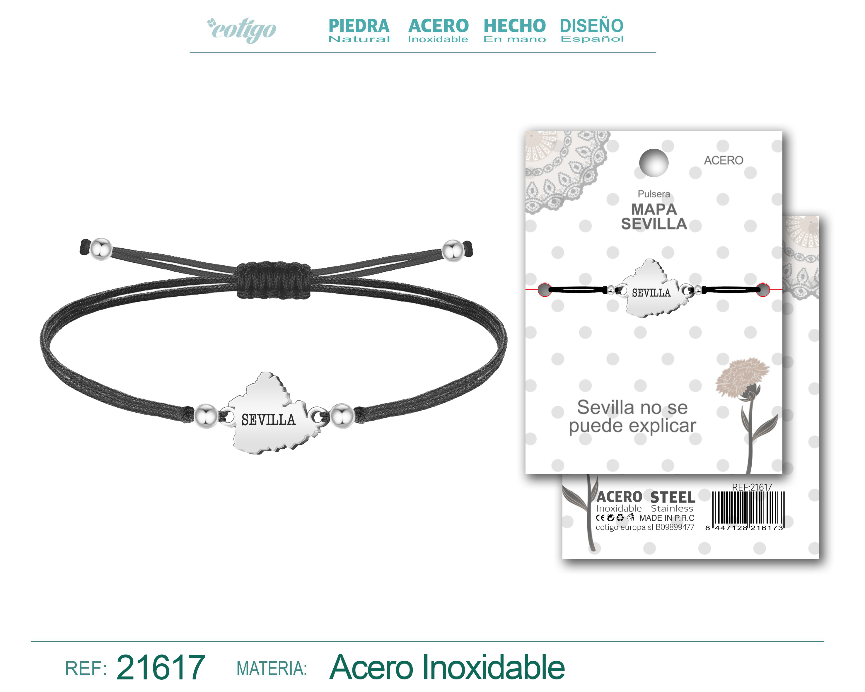 PULSERA HILO ENCERADO CON MAPA DE SEVILLA ACERO PLATEADO