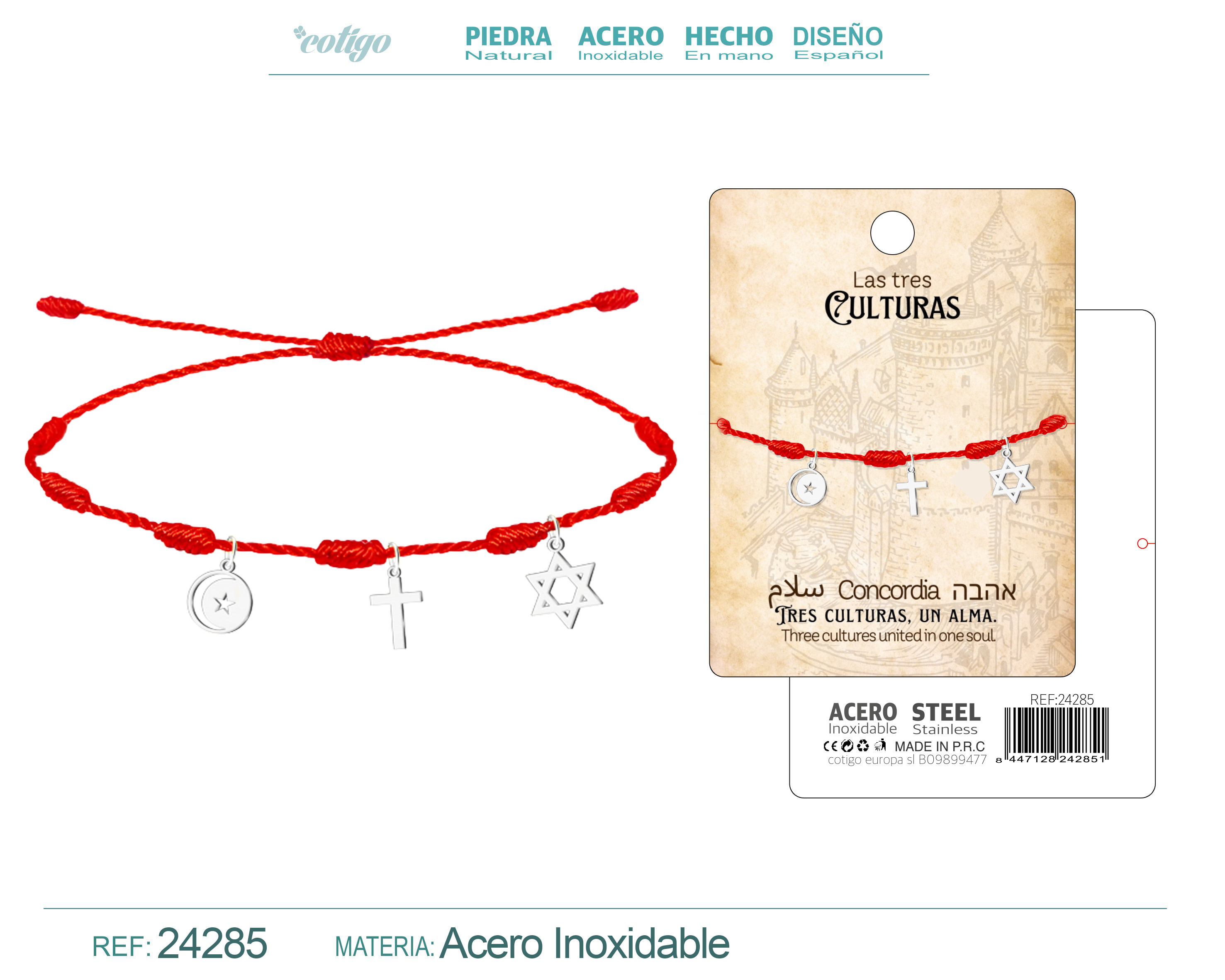 Pulsera 7 Nudos con 3 Cultural Acero Plateado