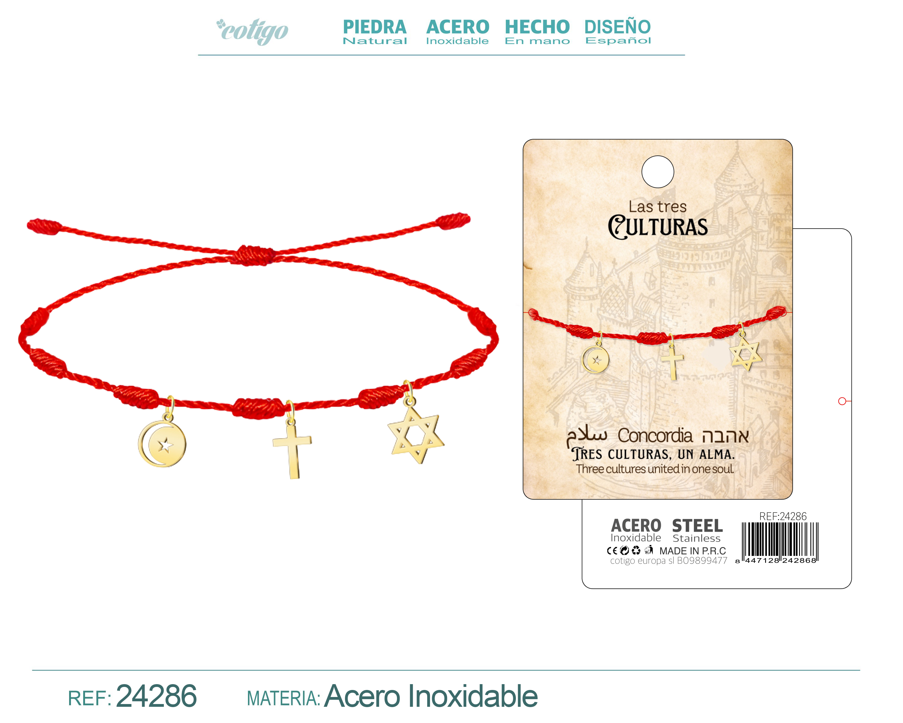 Pulsera 7 Nudos con 3 Cultural Acero Dorado