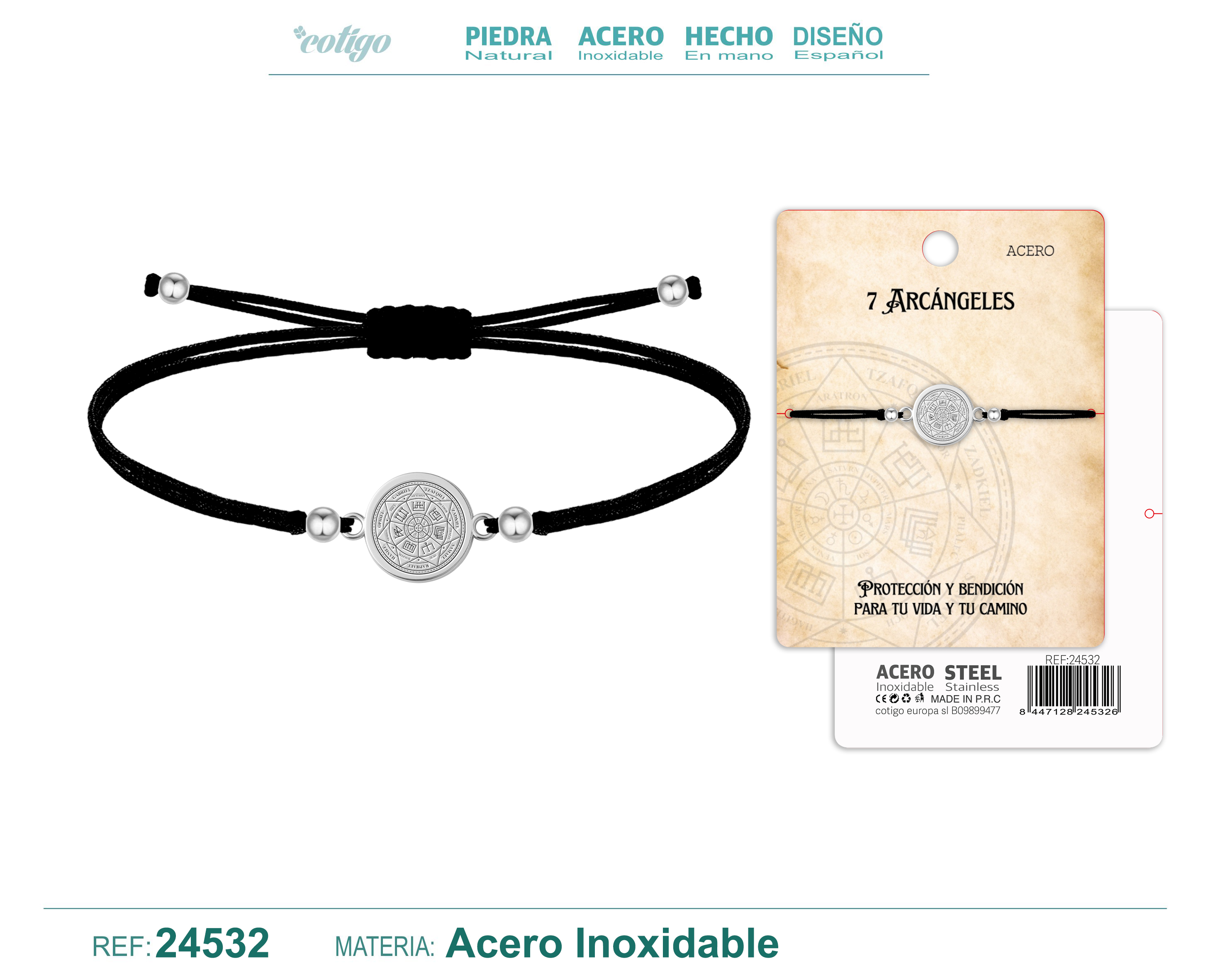 Pulsera Hilo encerado con 7 Arcangeles Acero Plateado