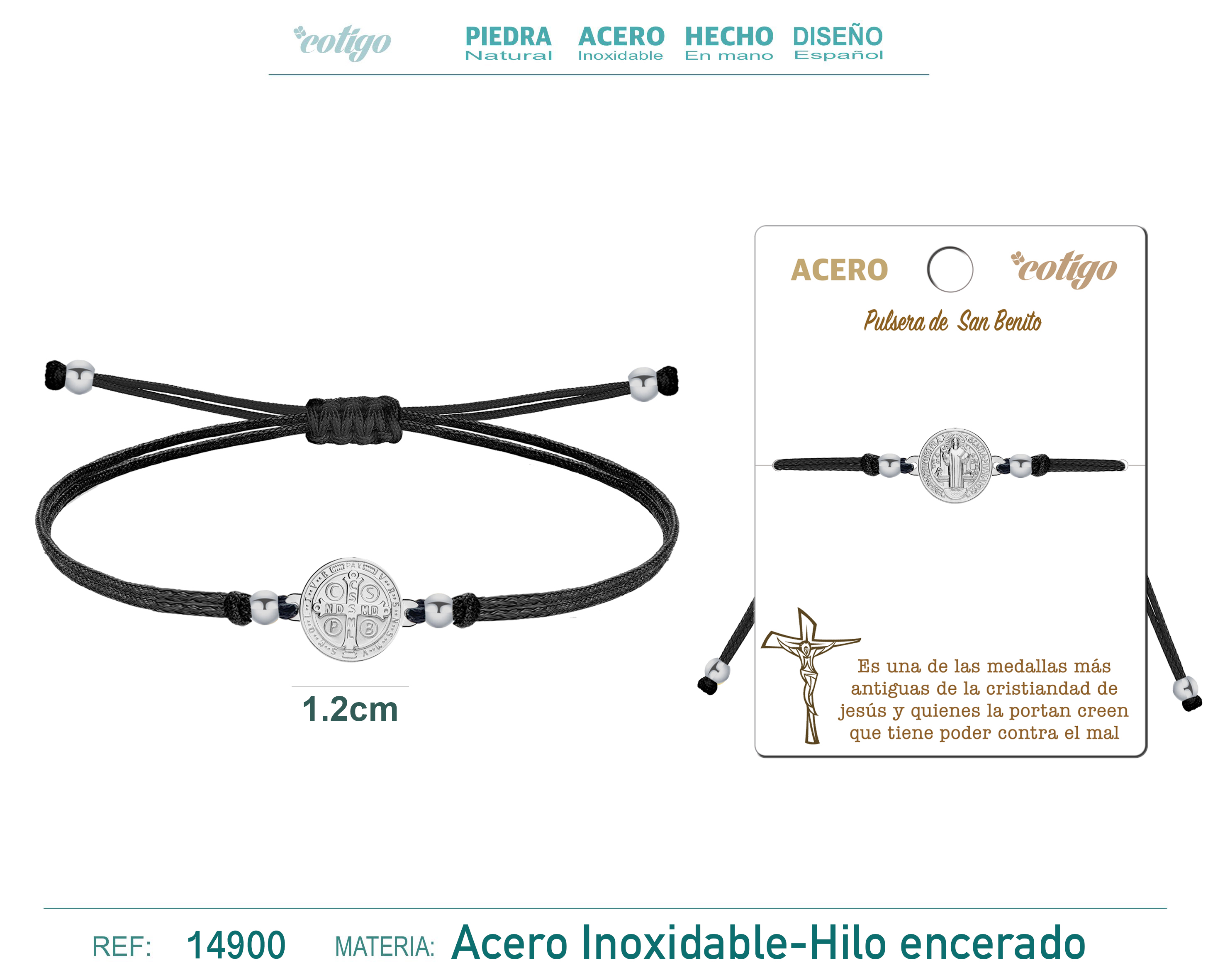 Pulsera Hilo Encerado Negra con San Benito Acero Plateado