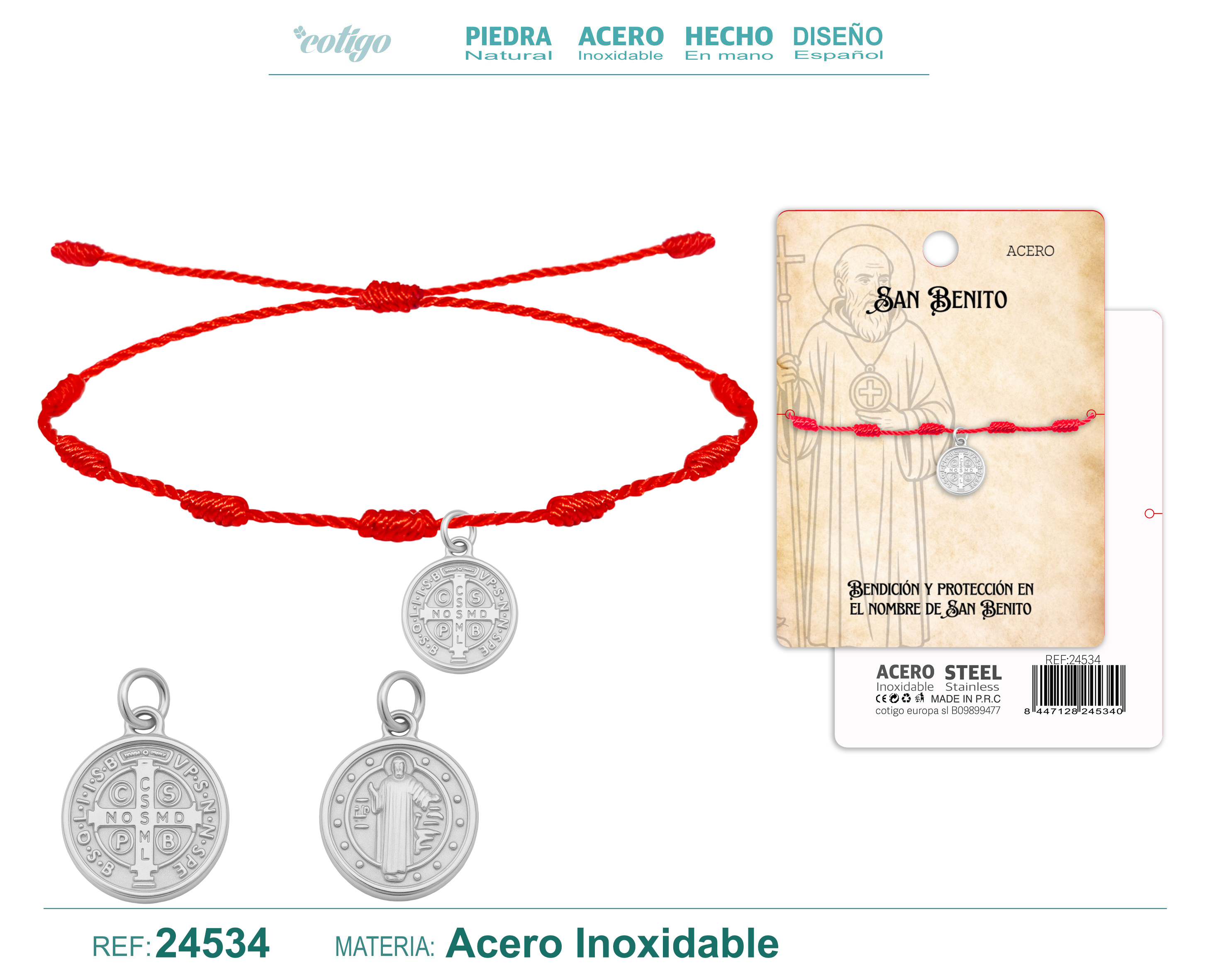 Pulsera 7 Nudos con San Benito Acero Plateado