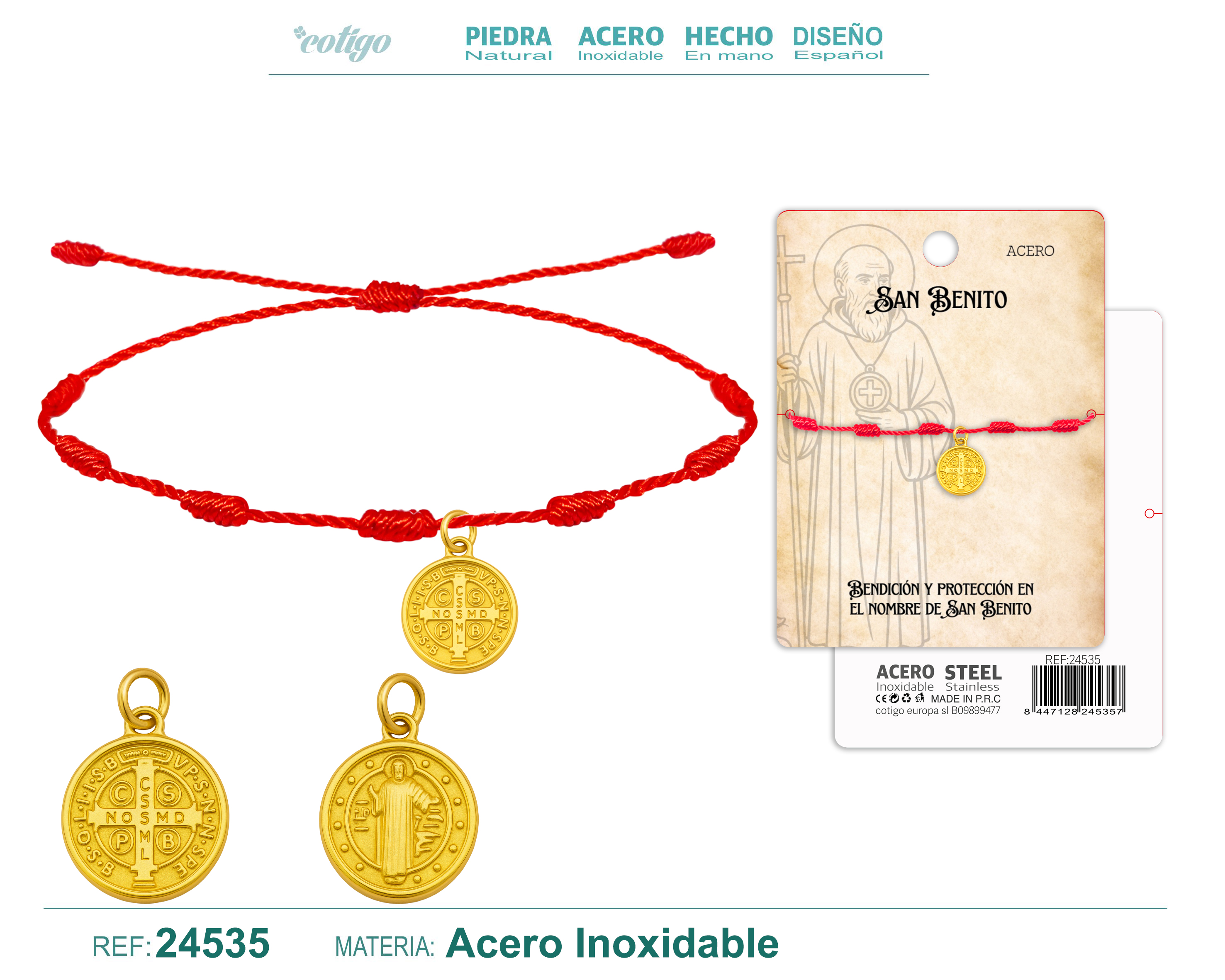 Pulsera 7 Nudos con San Benito Acero Dorado