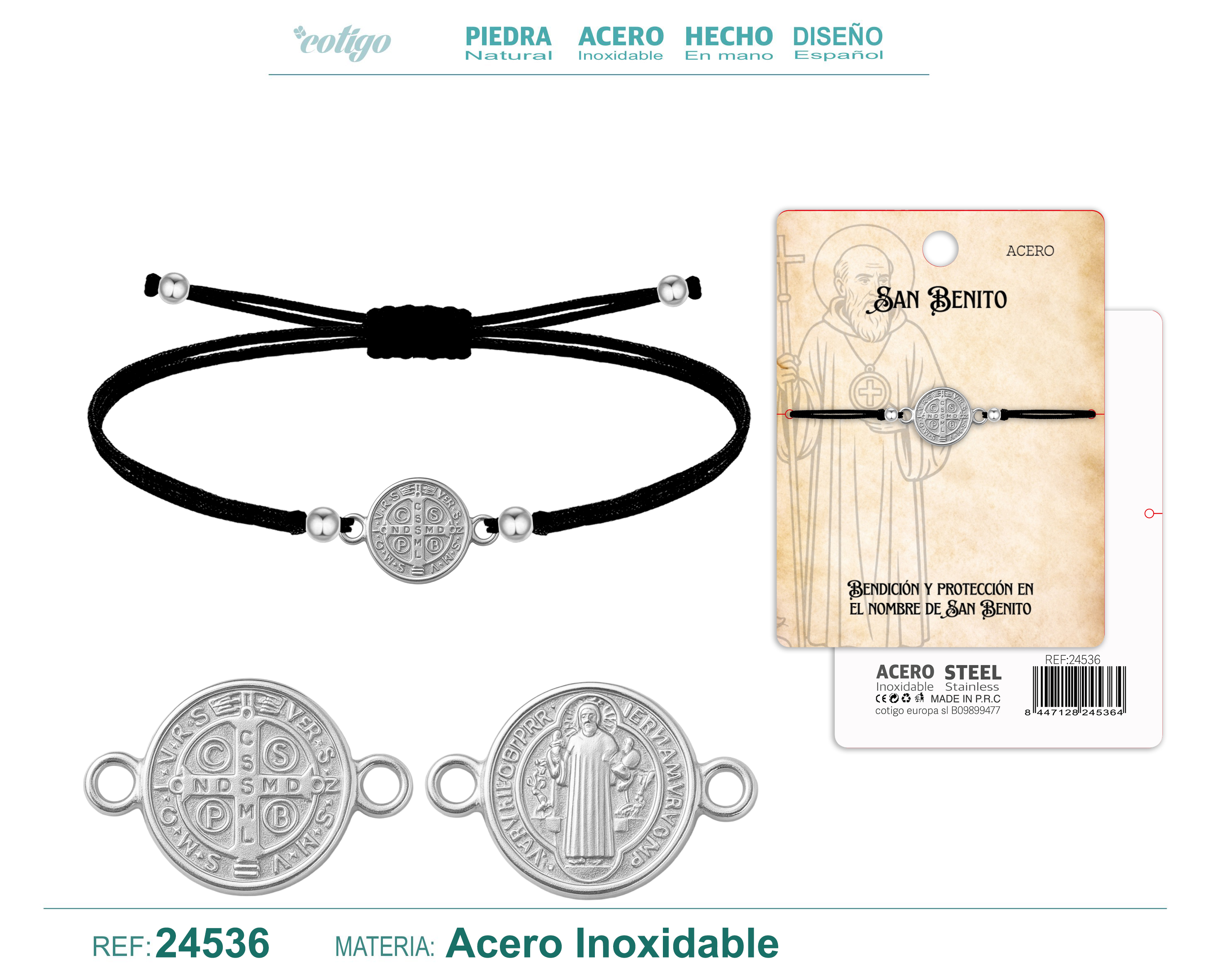 Pulsera Hilo encerado con San Benito Acero Plateado