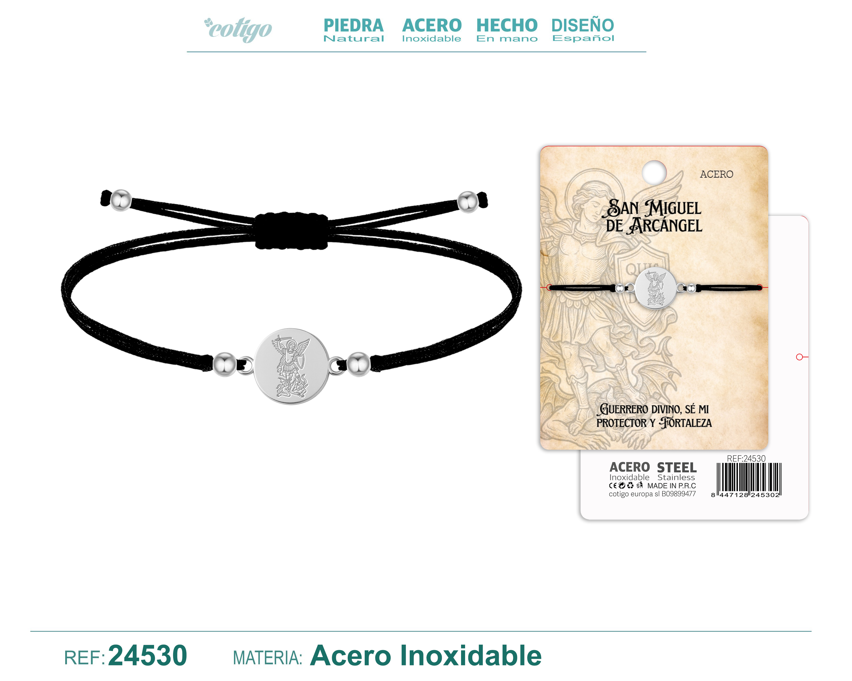 Pulsera Hilo encerado con San Miquel de Arcangel Acero Plateado
