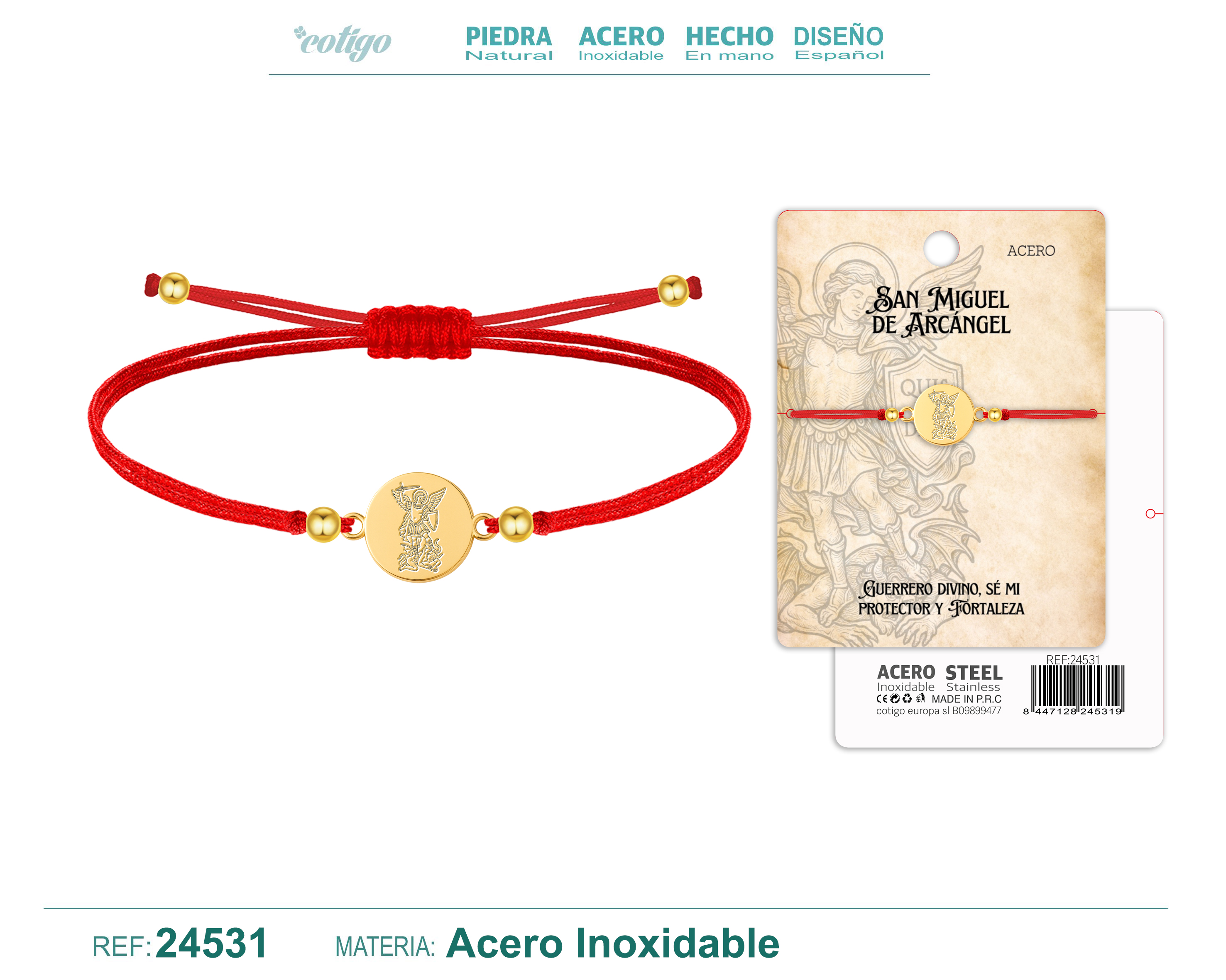 Pulsera Hilo encerado con San Miquel de Arcangel Acero Dorado