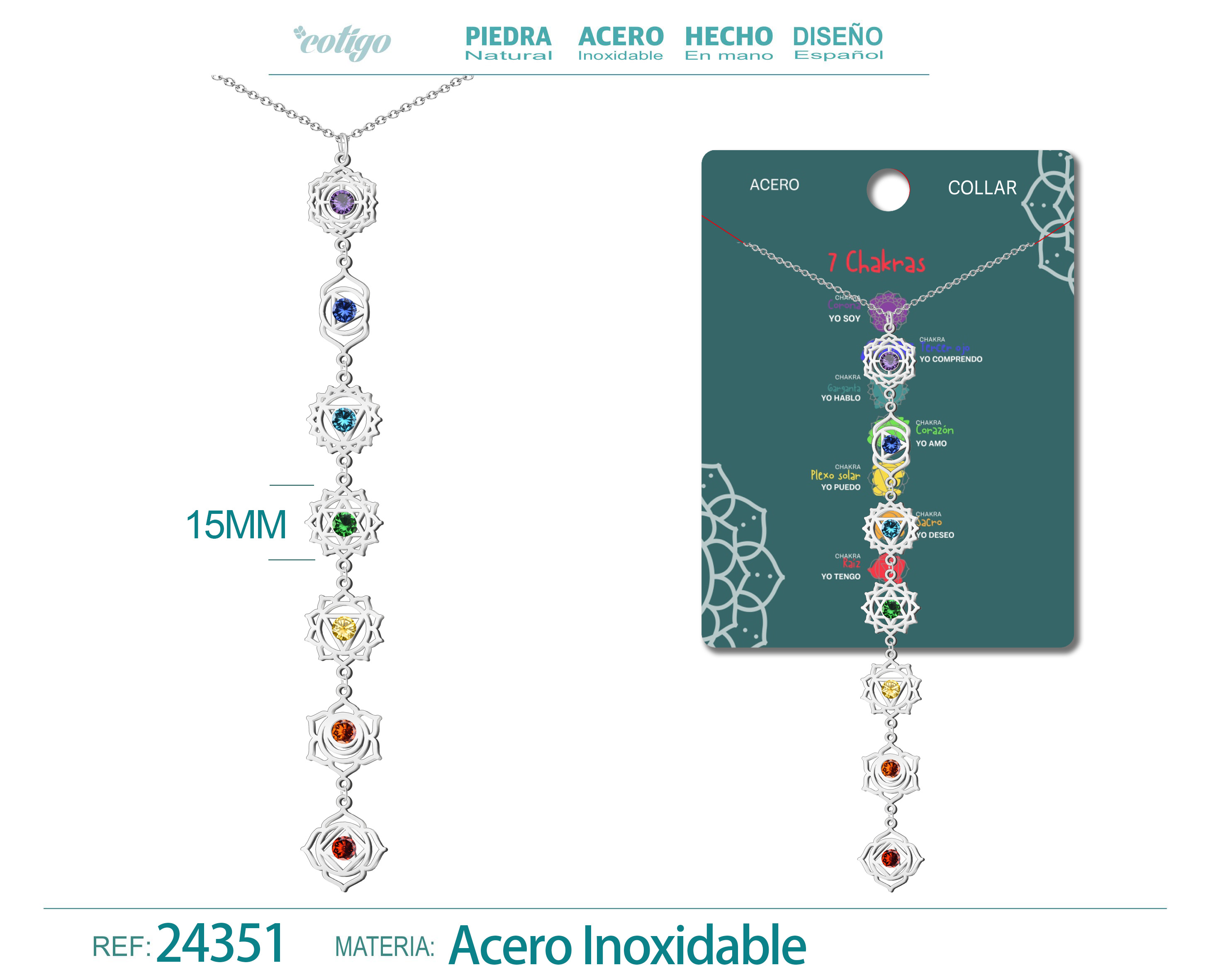 Colgante de 7 Chakras Acero Plateado con Piedra Circonita