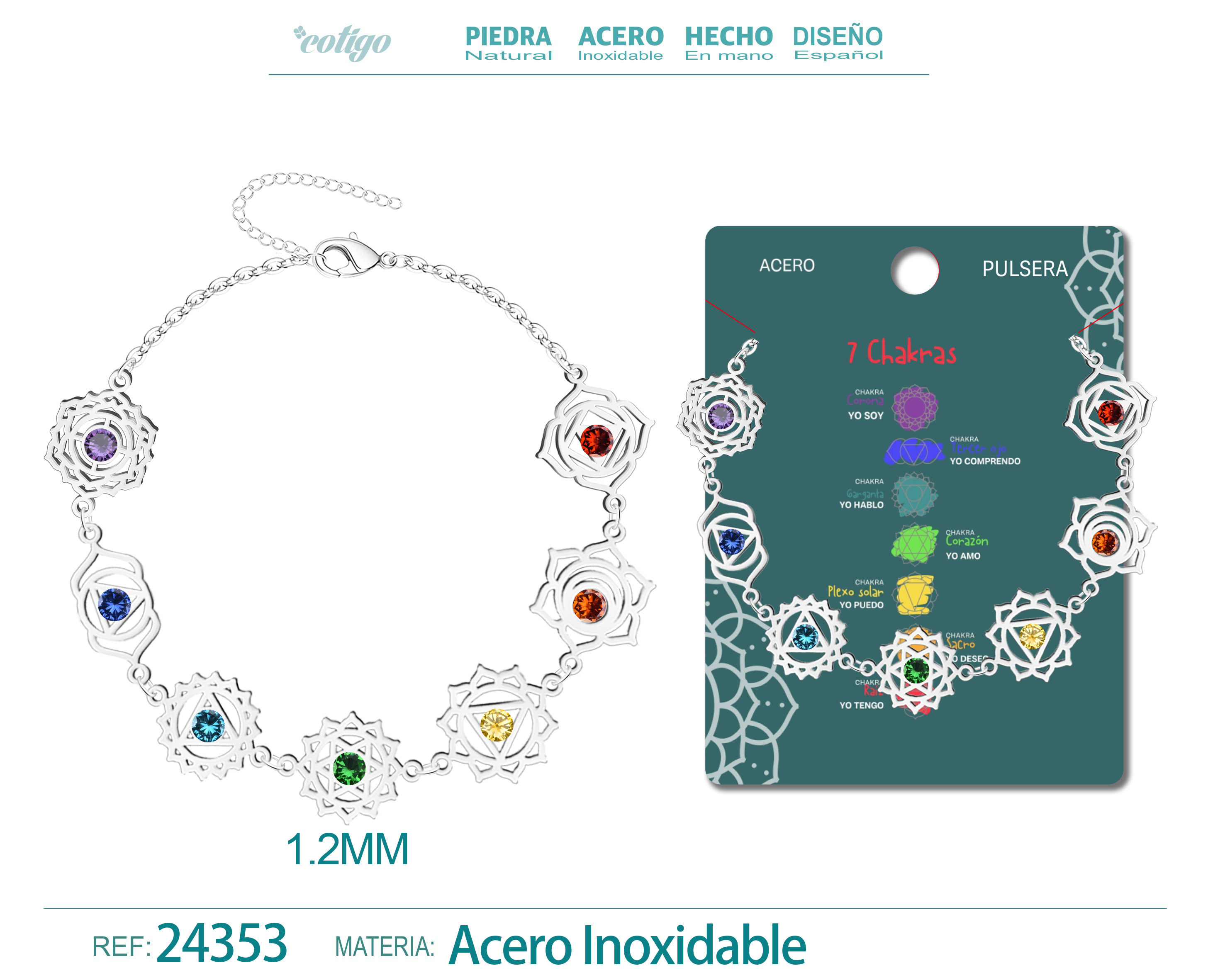 Pulsera de 7 Chakras Acero Plateado con Piedra Circonita