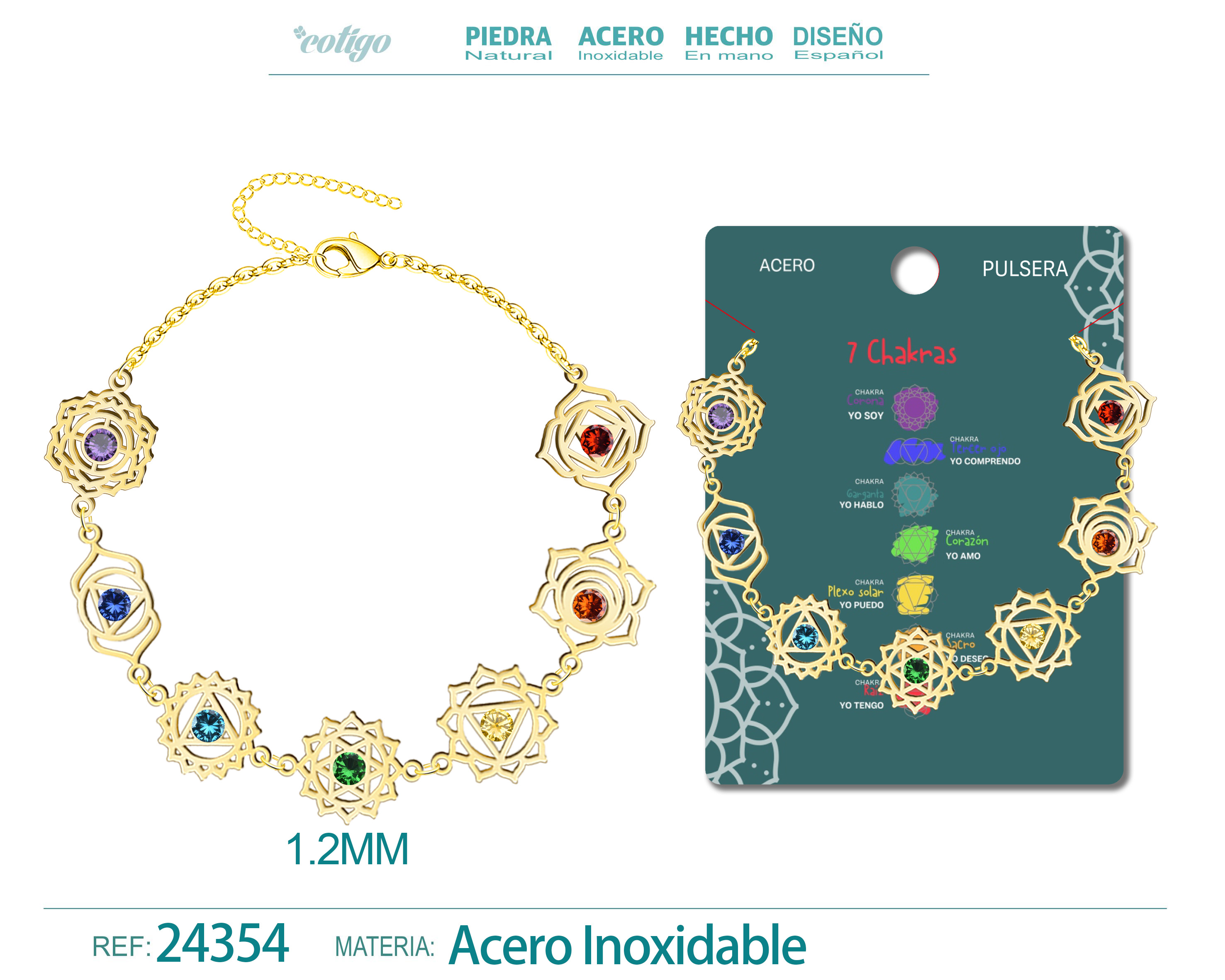Pulsera de 7 Chakras Acero Dorado con Piedra Circonita