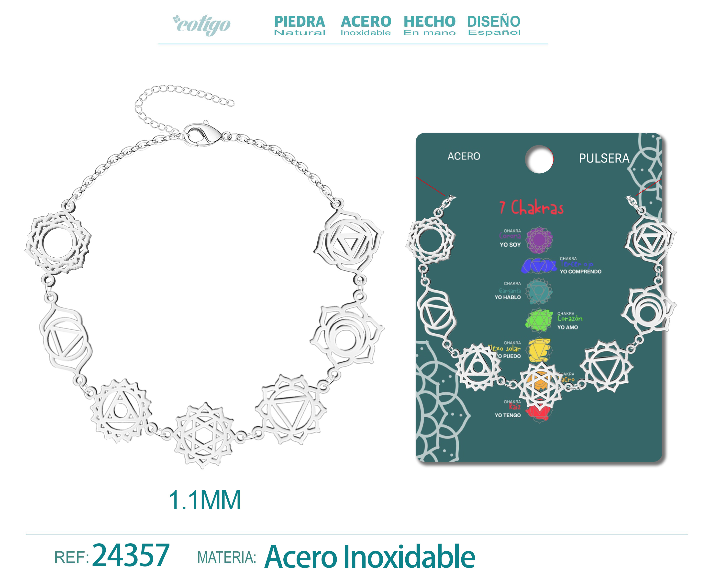 Pulsera de 7 Chakras Acero Plateado