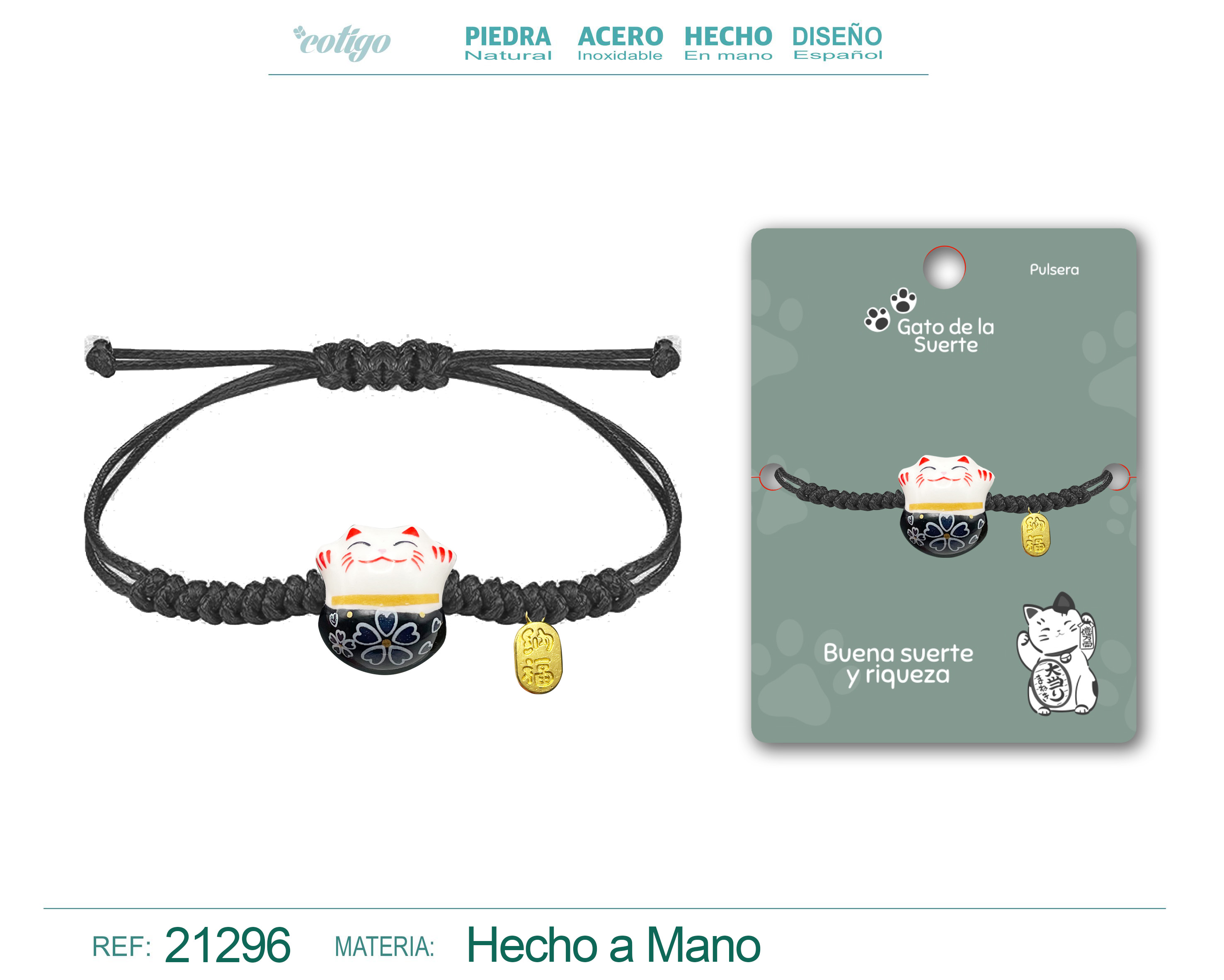 Pulsera Hilo encerado con Gato de suerte