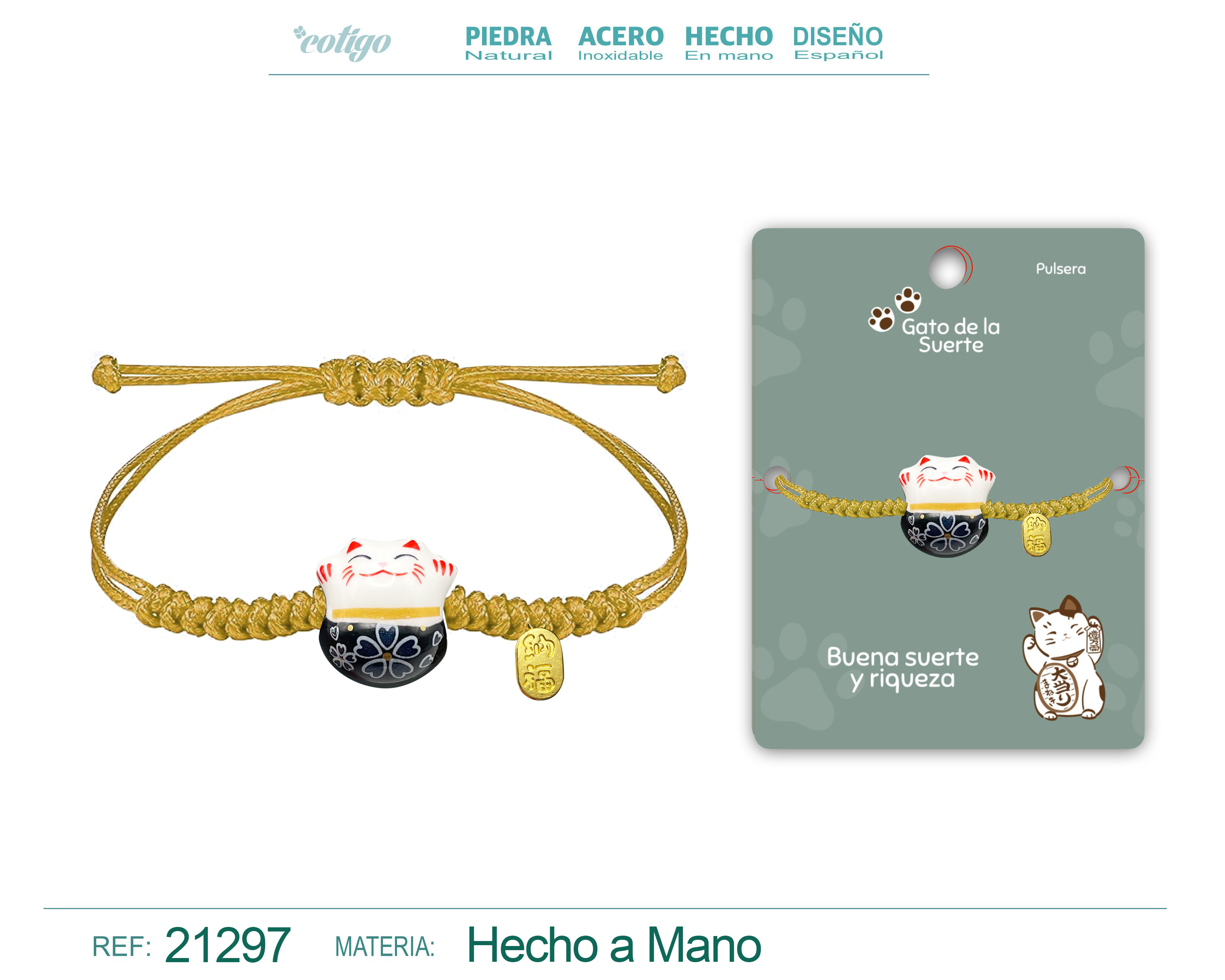 Pulsera Hilo encerado con Gato de suerte