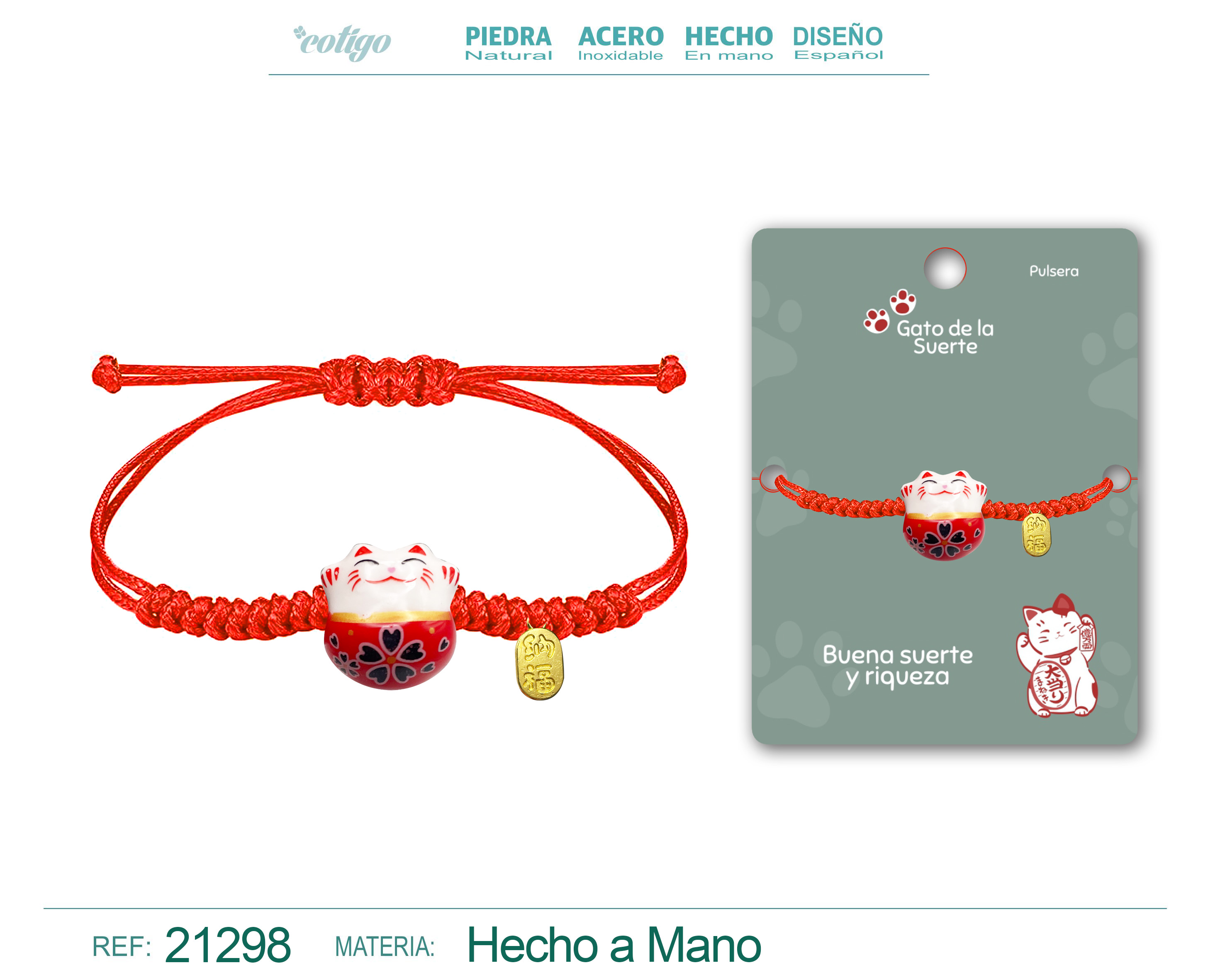 Pulsera Hilo encerado con Gato de suerte
