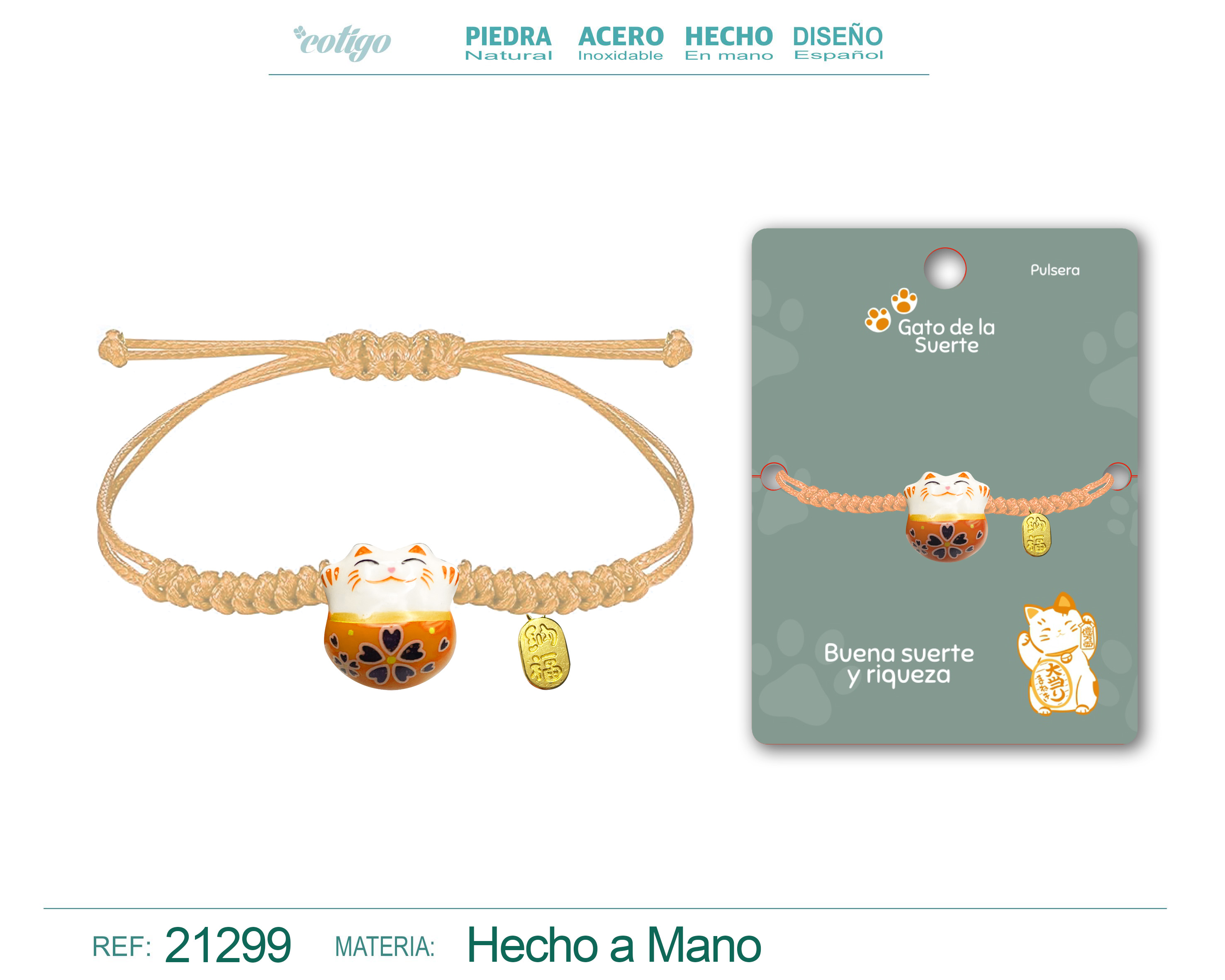 Pulsera Hilo encerado con Gato de suerte