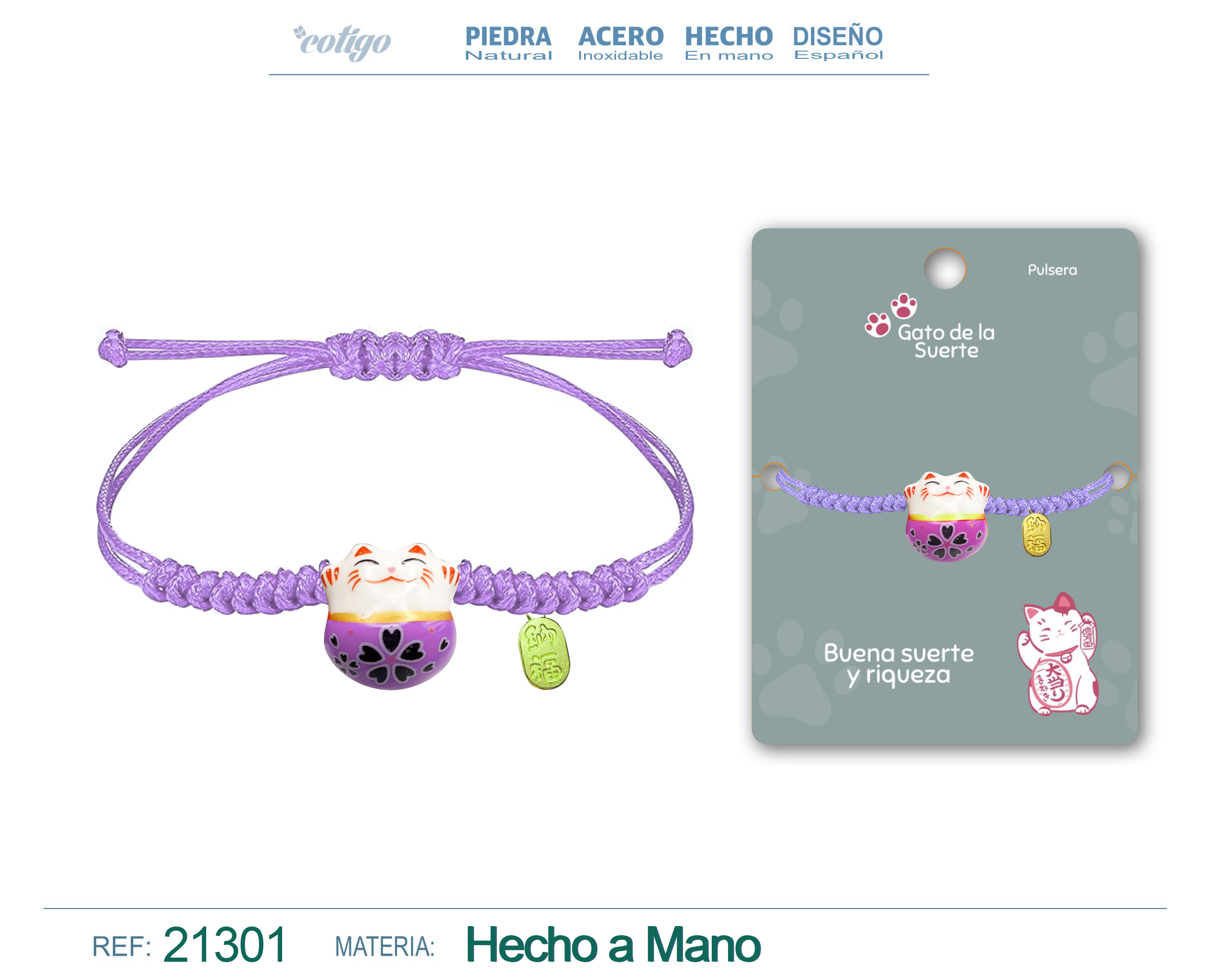 Pulsera Hilo encerado con Gato de suerte