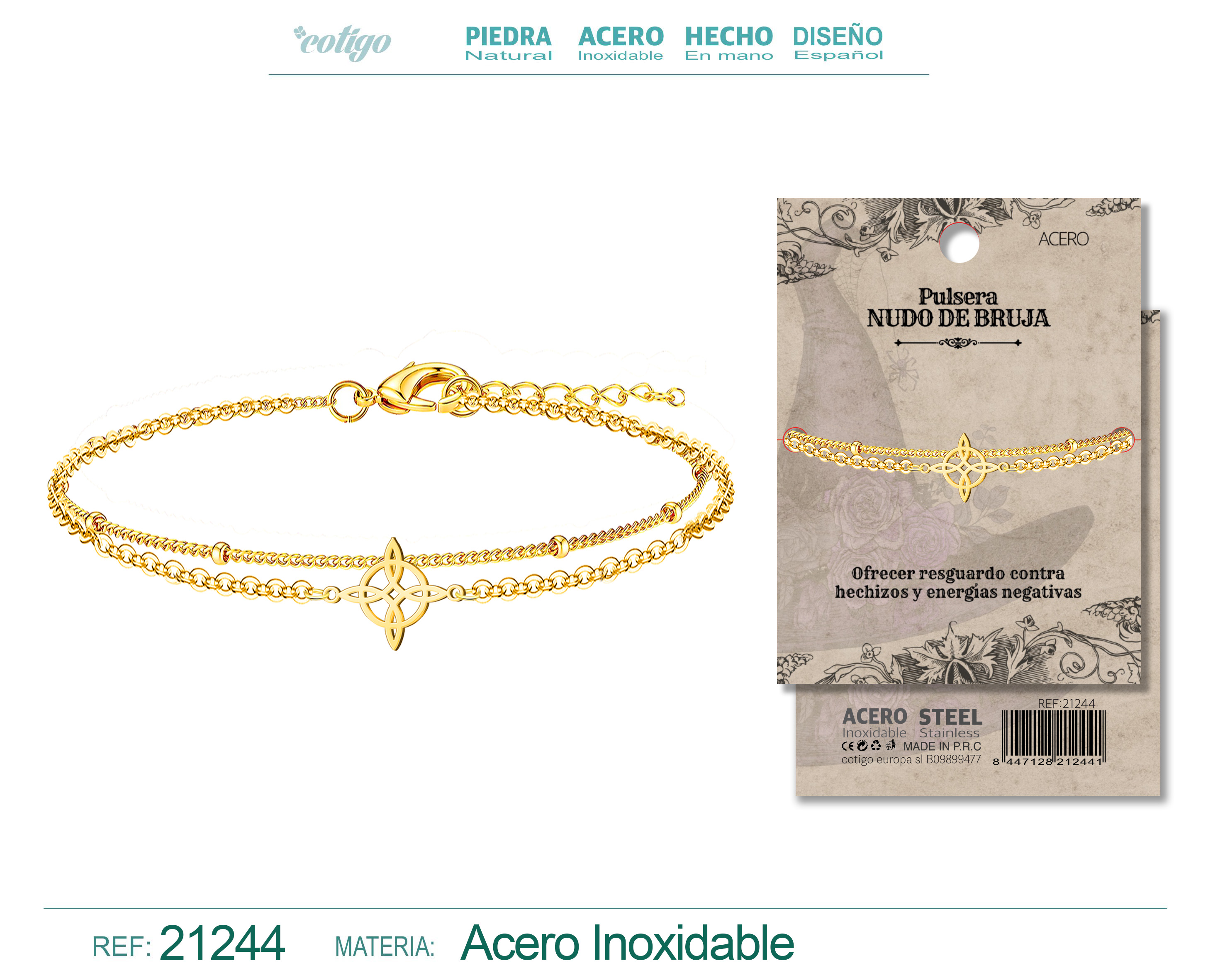PULSERA NUDO BRUJA ACERO DORADO