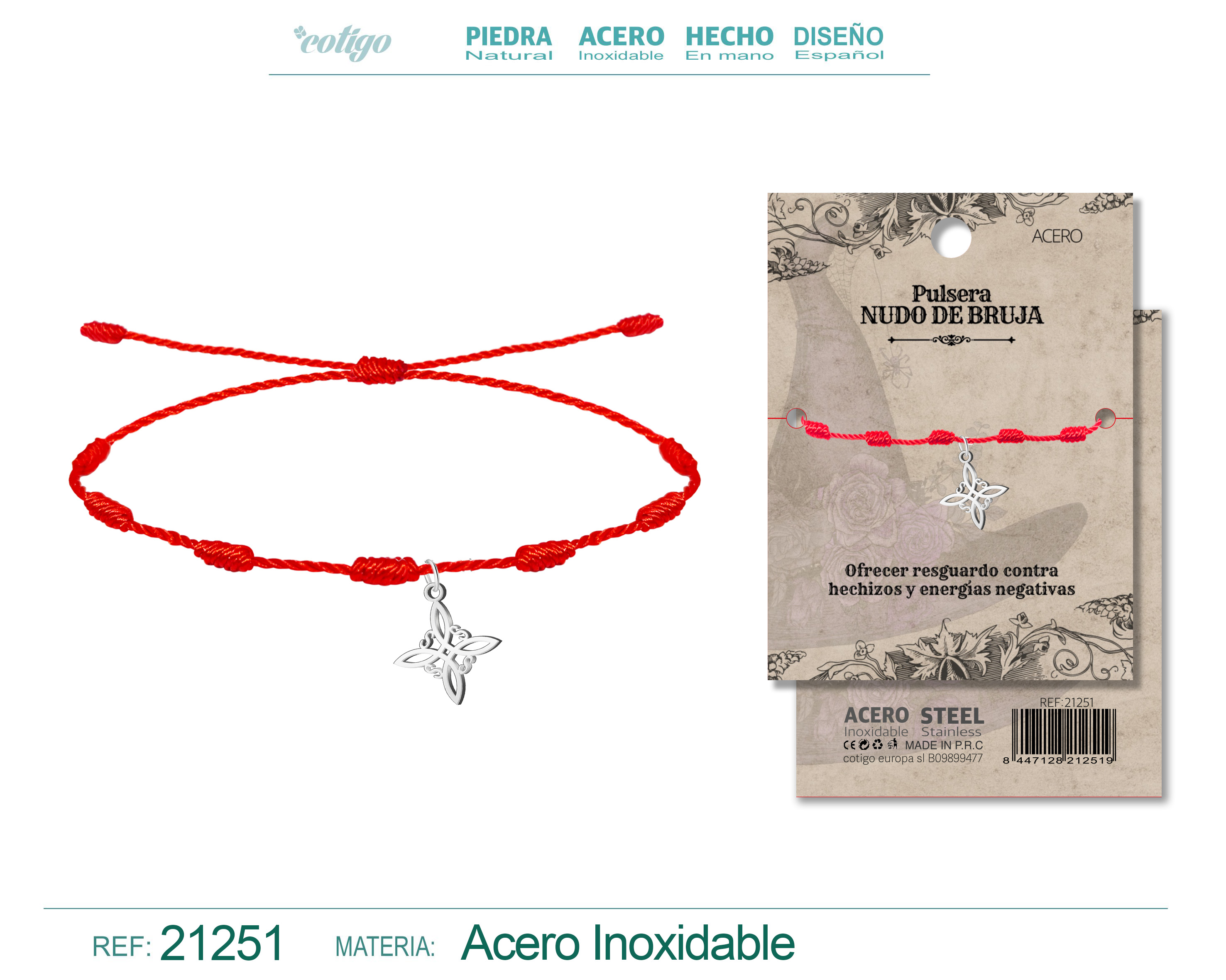 Pulsera 7 Nudos con Nudo de Bruja Acero Plateado