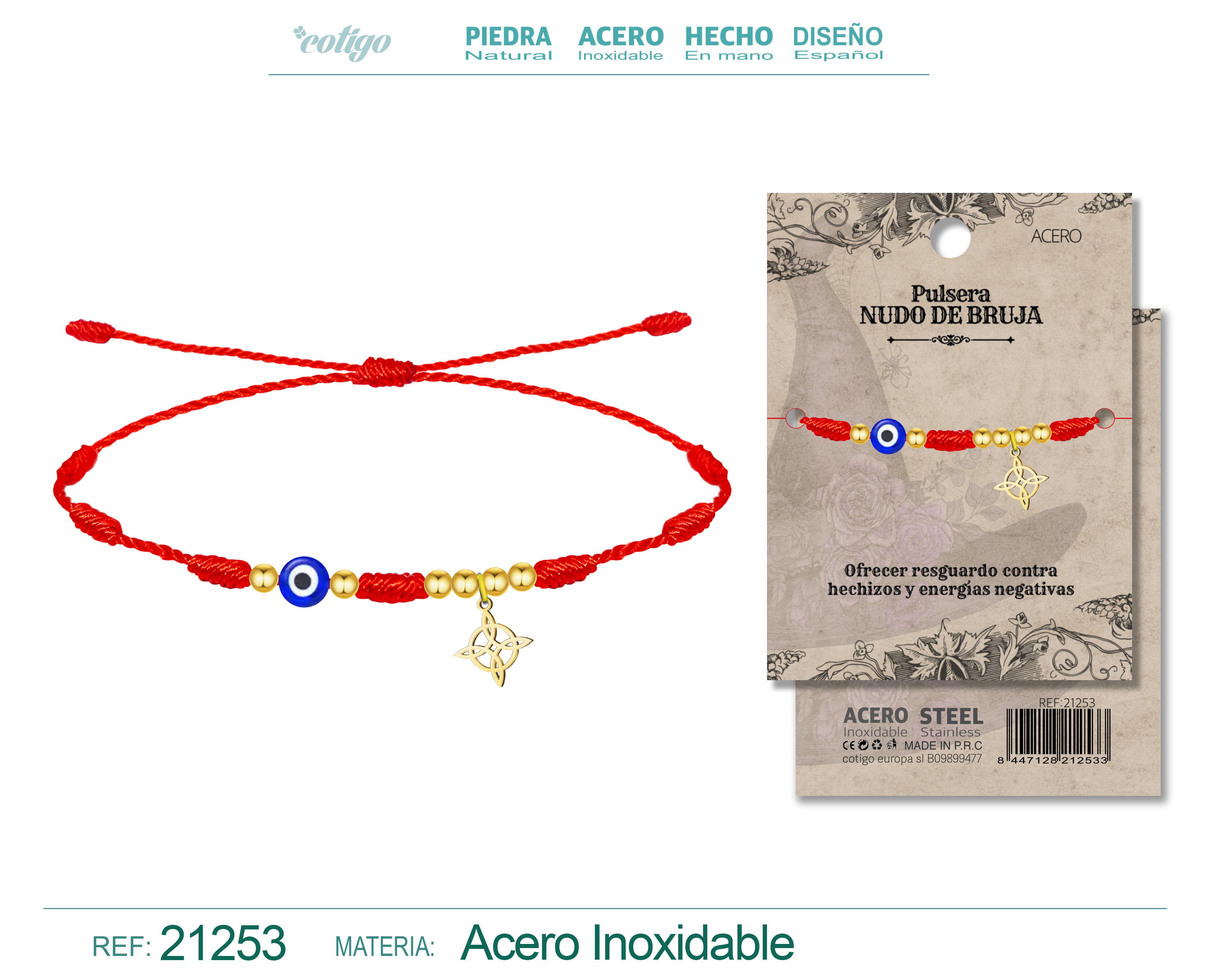 PULSERA 7 NUDOS CON OJO DE TURCO Y NUDO DE BRUJA ACERO DORADO