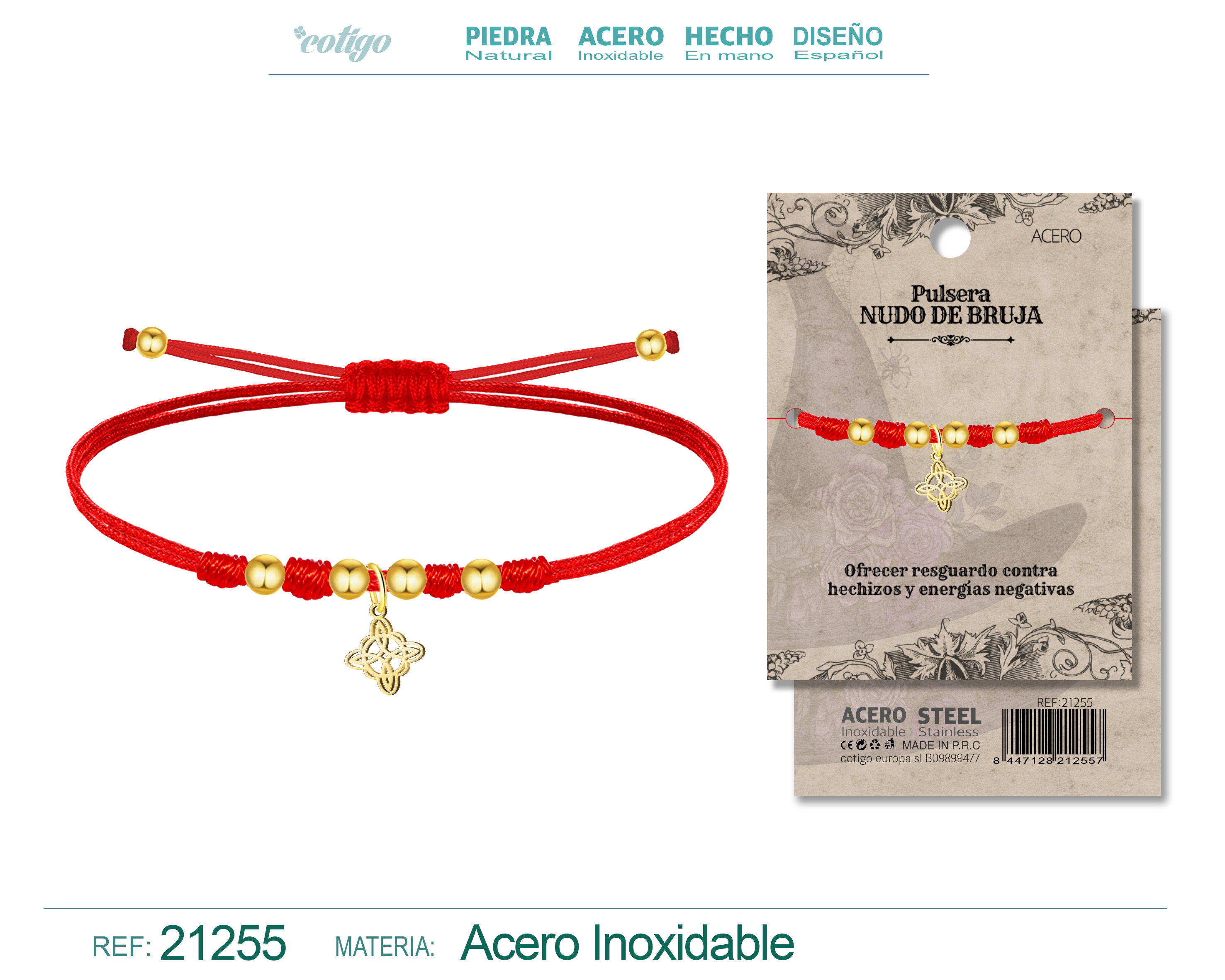 PULSERA HILO ENCERADO CON NUDO DE BRUJA ACERO DORADO