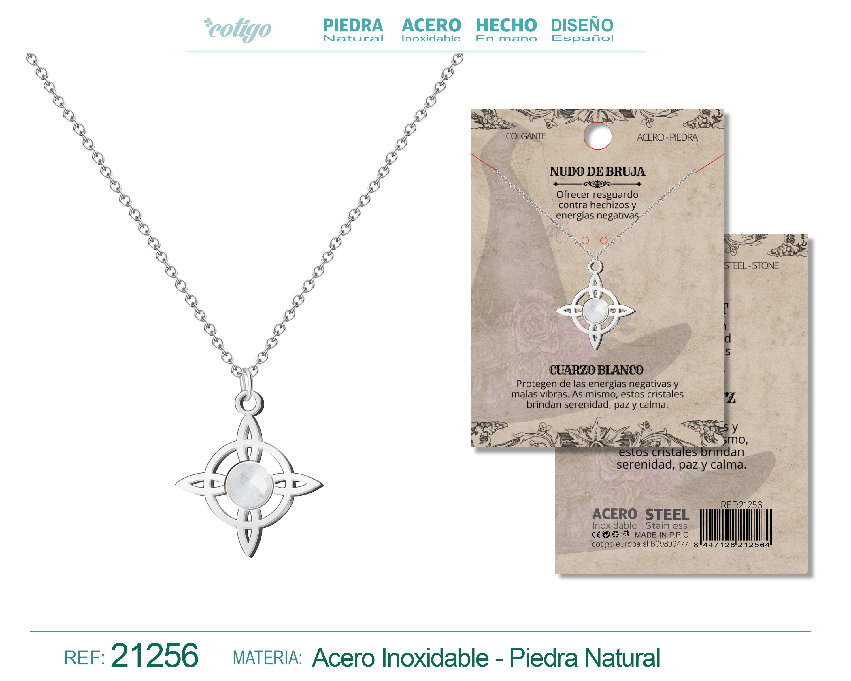 Colgante Nudo de Bruja Acero Plateado con Cuarzo Blanco