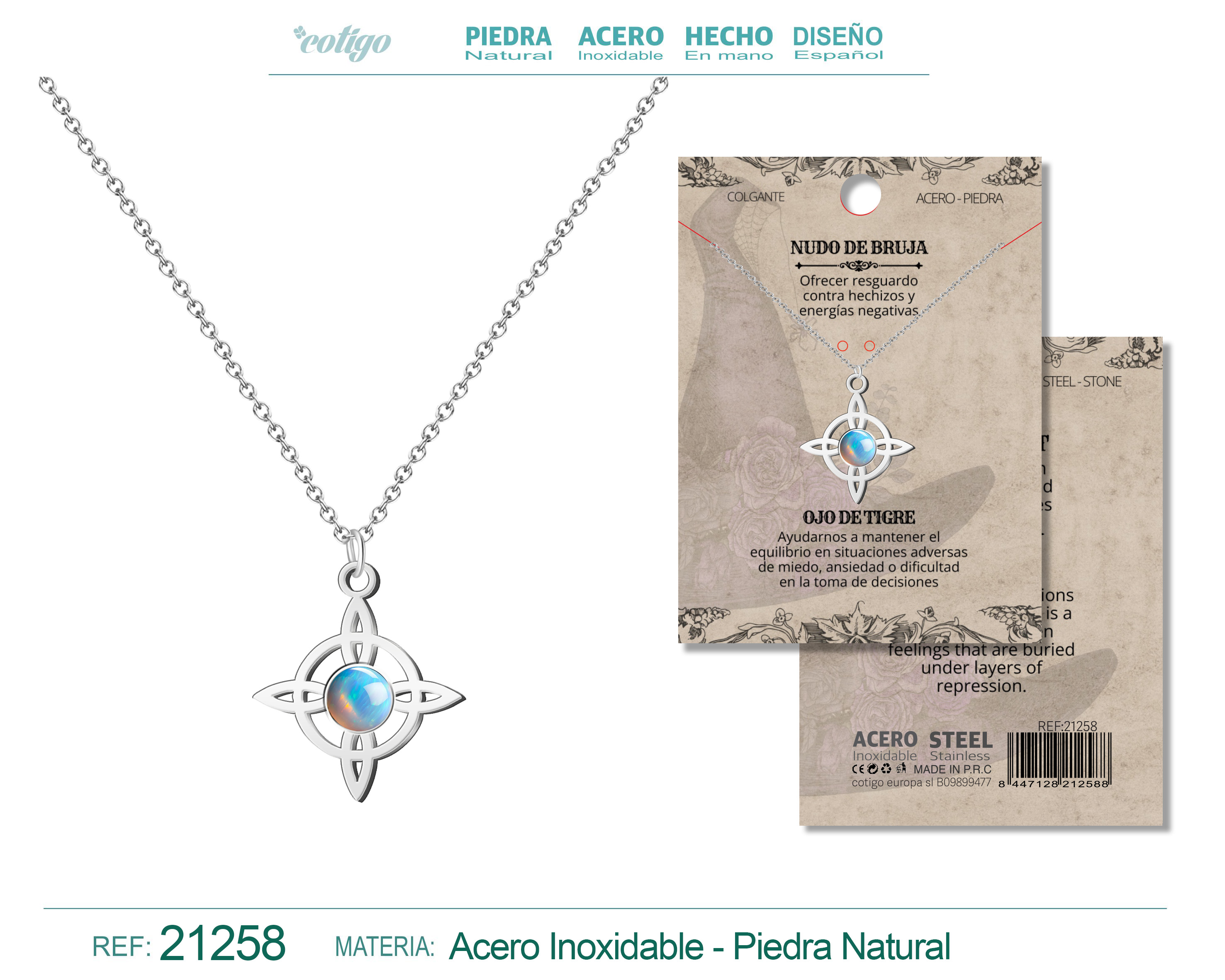 Colgante Nudo de Bruja Acero Plateado con Opalina