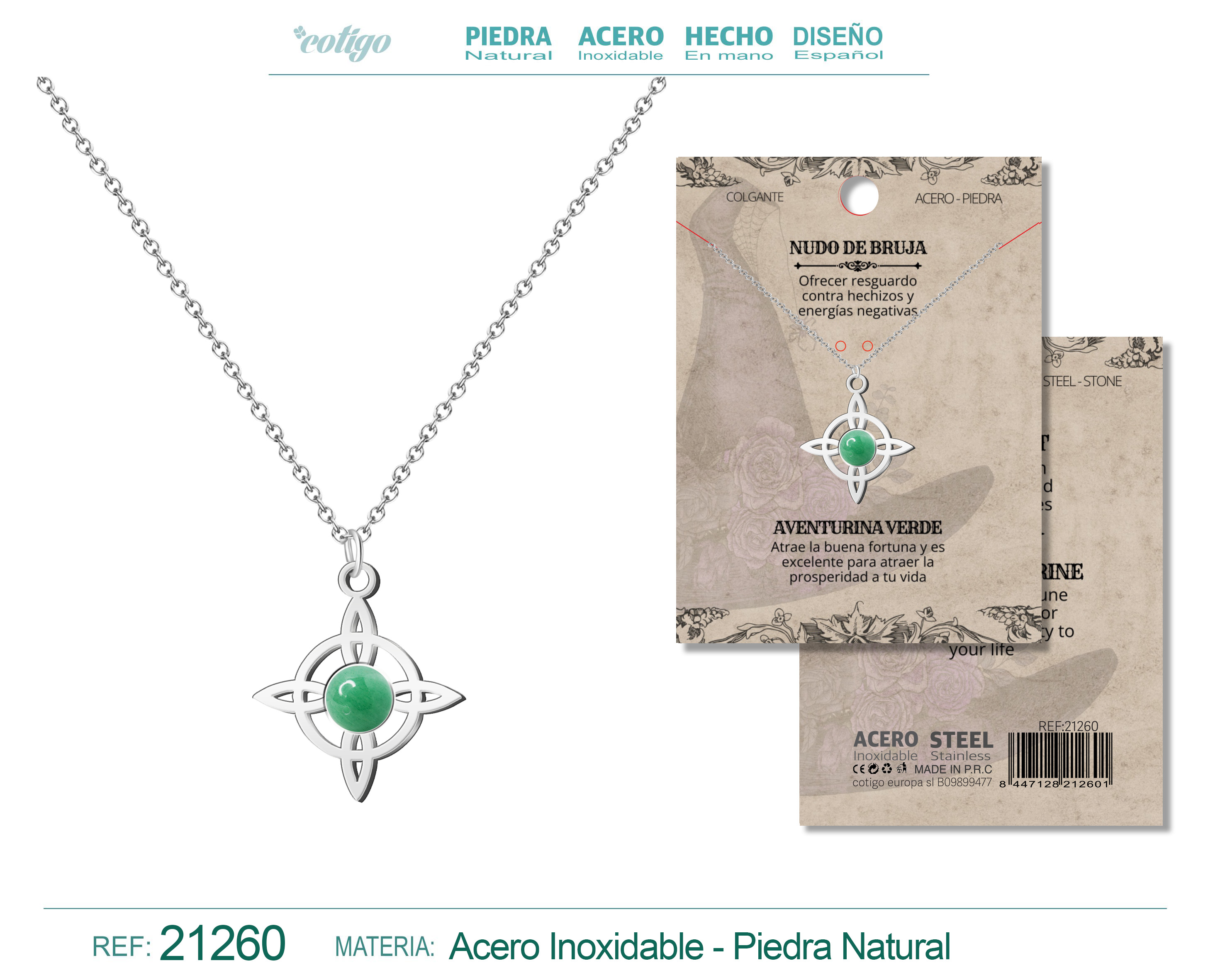 Colgante Nudo de Bruja Acero Plateado con Aventurina Verde