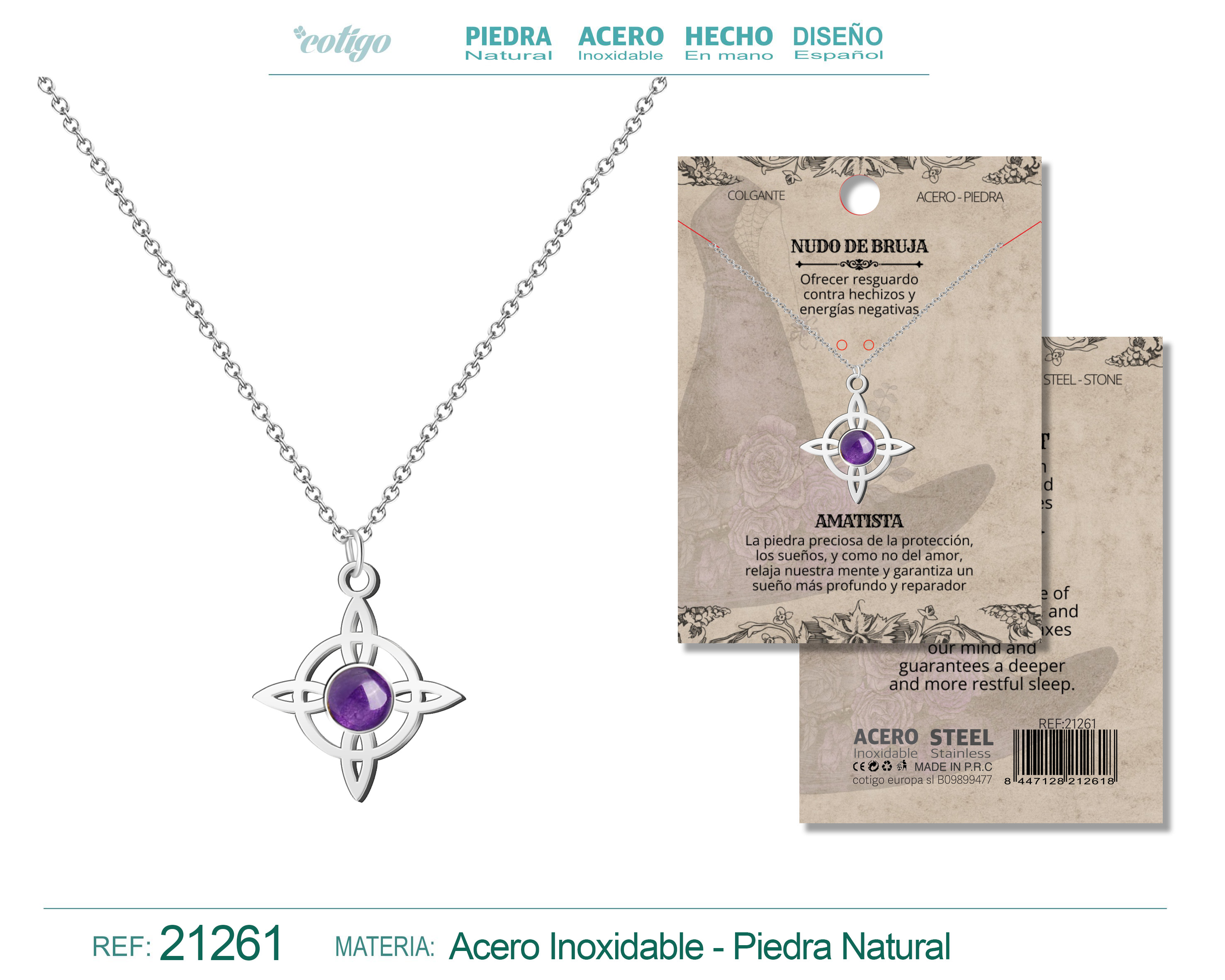 Colgante Nudo de Bruja Acero Plateado con Amatista