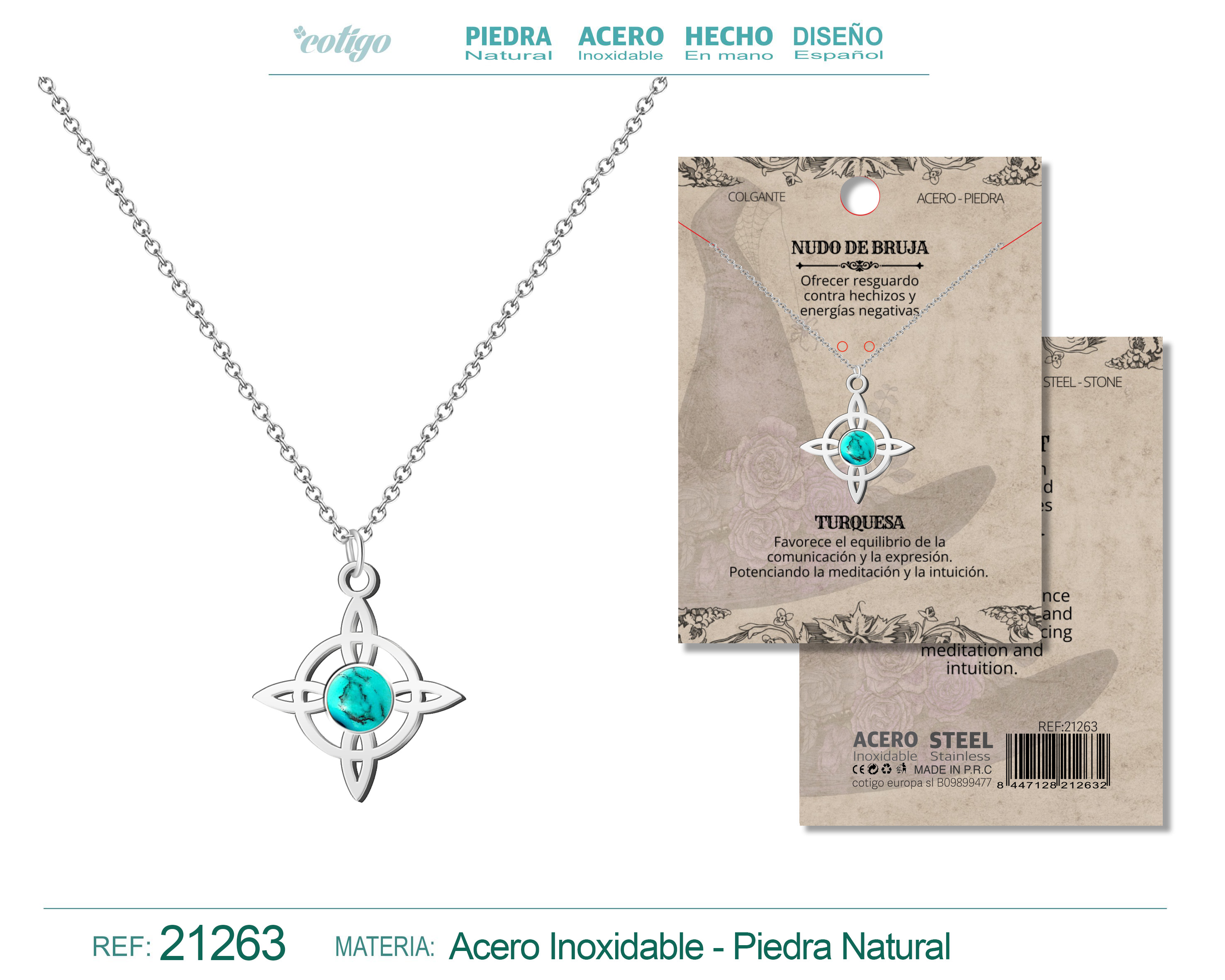 Colgante Nudo de Bruja Acero Plateado con Turquesa
