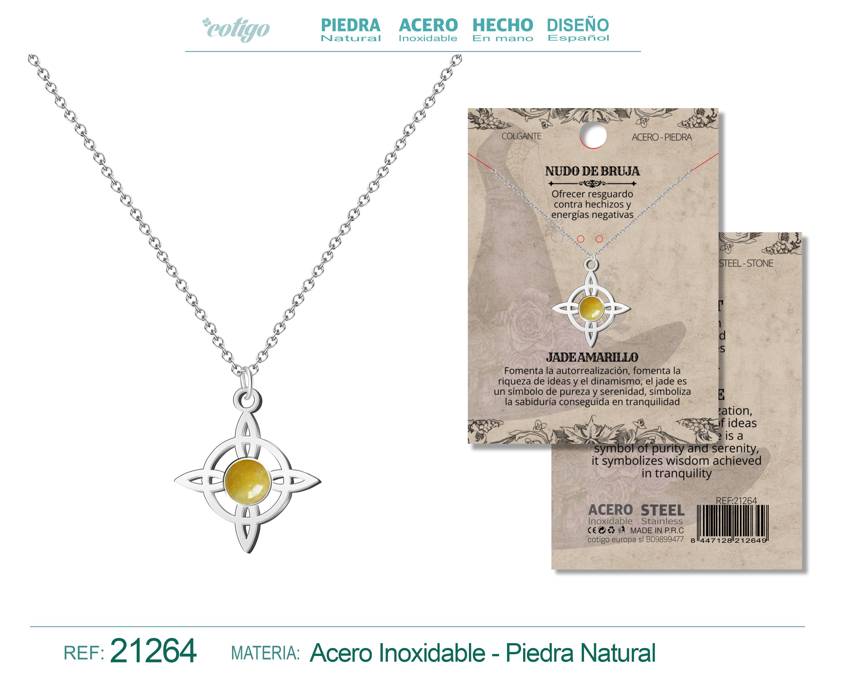Colgante Nudo de Bruja Acero Plateado con Jaspe Amarilla