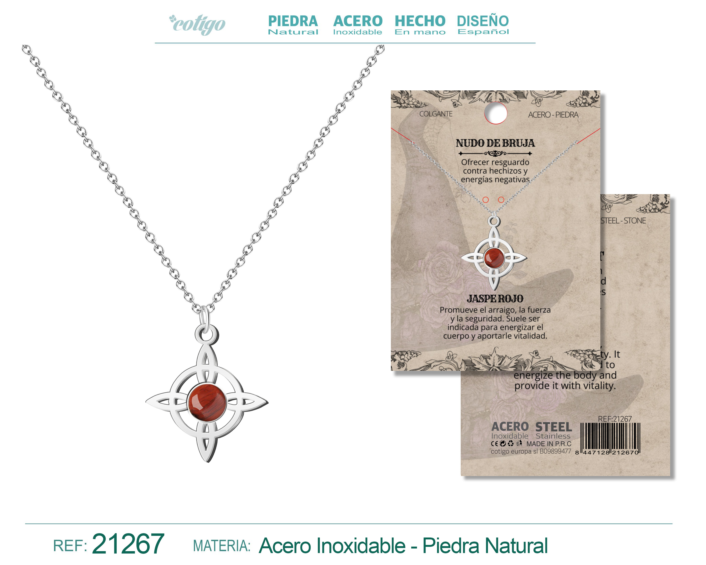 Colgante Nudo de Bruja Acero Plateado con Jaspe rojo
