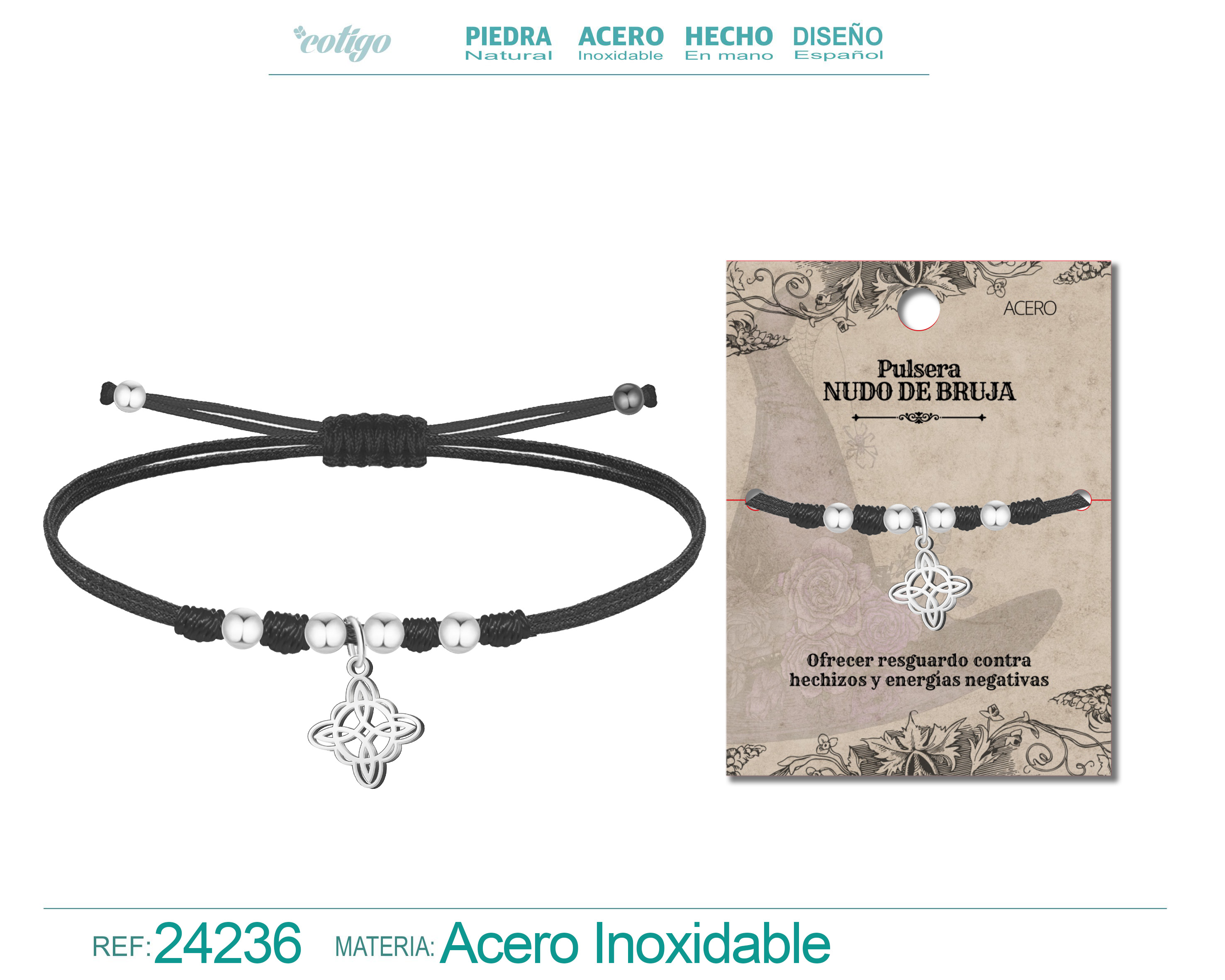 PULSERA HILO ENCERADO CON NUDO DE BRUJA ACERO PLATEADO