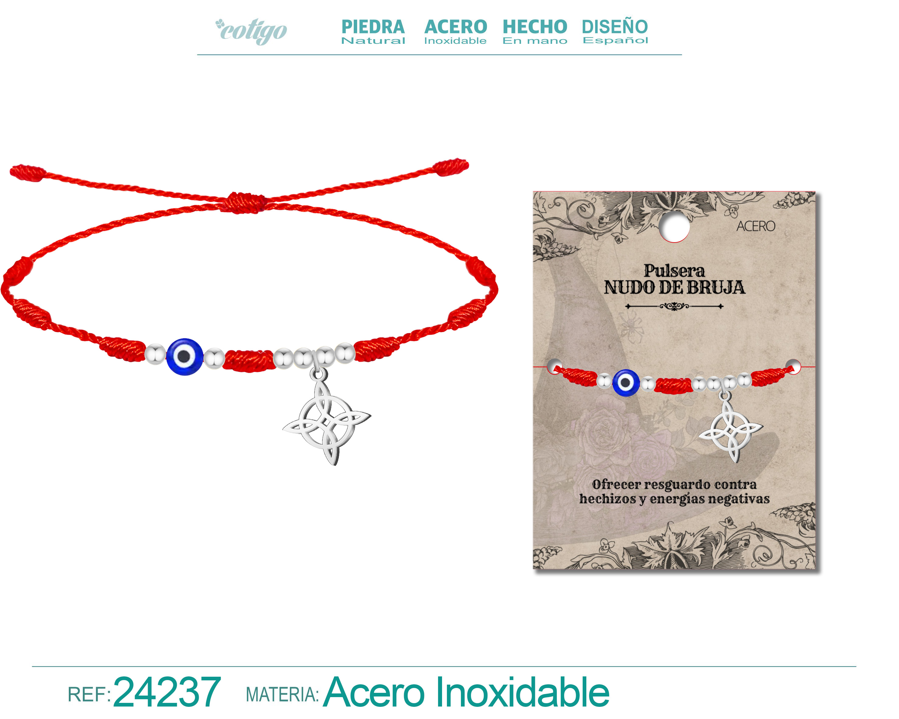 PULSERA 7 NUDOS CON OJO DE TURCO Y NUDO DE BRUJA ACERO PLATEADO