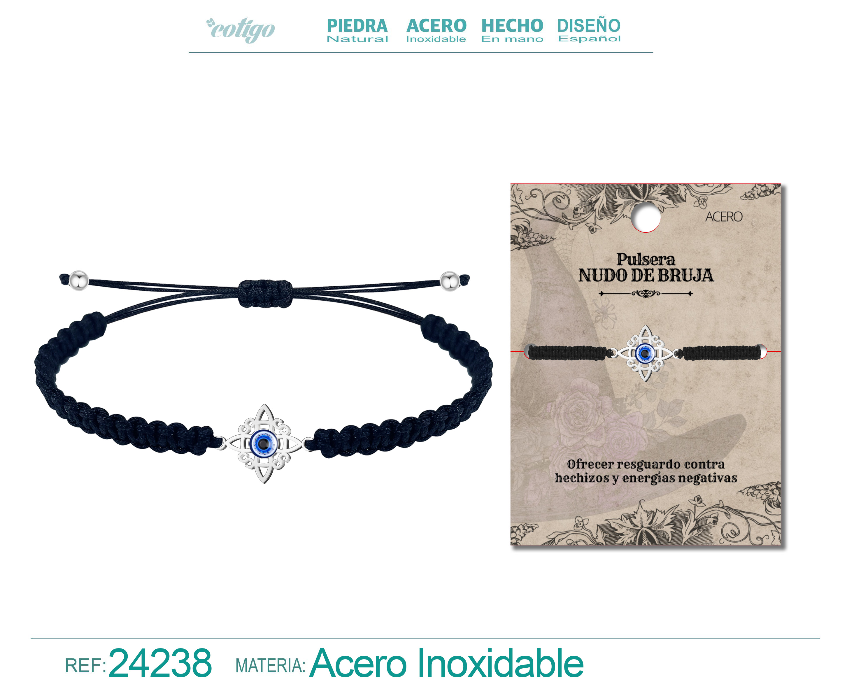 PULSERA HILO DESTINO CON NUDO DE BRUJA ACERO PLATEADO